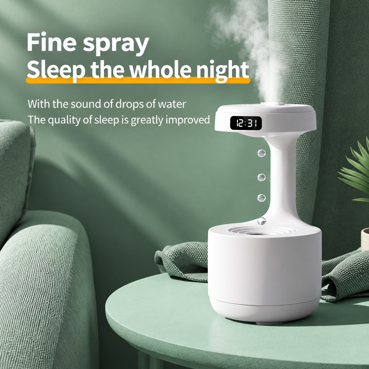 Anti-Gravity Humidifier with Water Droplet Effect, Night Light & Digital Display