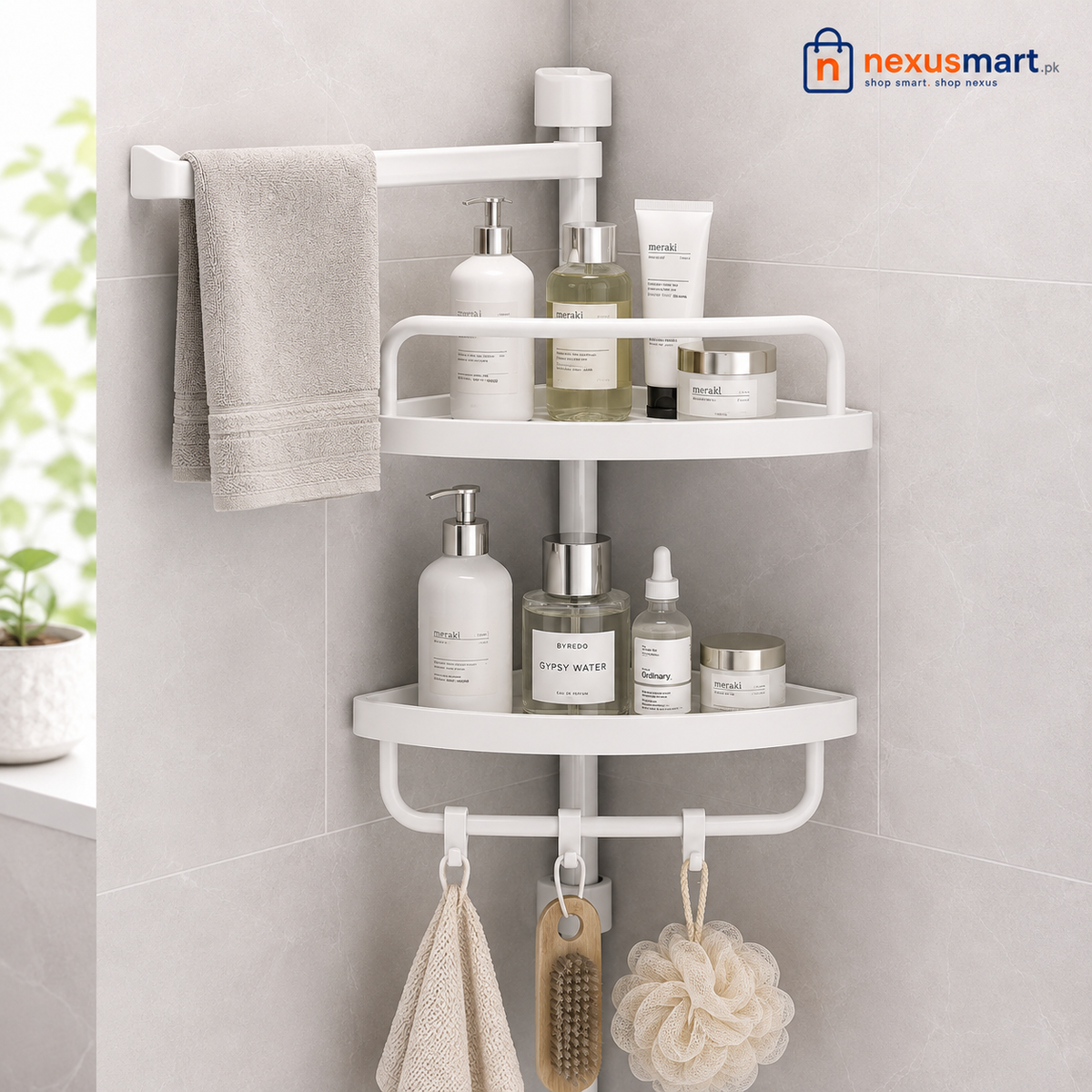 2-Layer Multi Corner Bathroom Shelf with Towel Bar & Hooks β Space-Saving Organizer