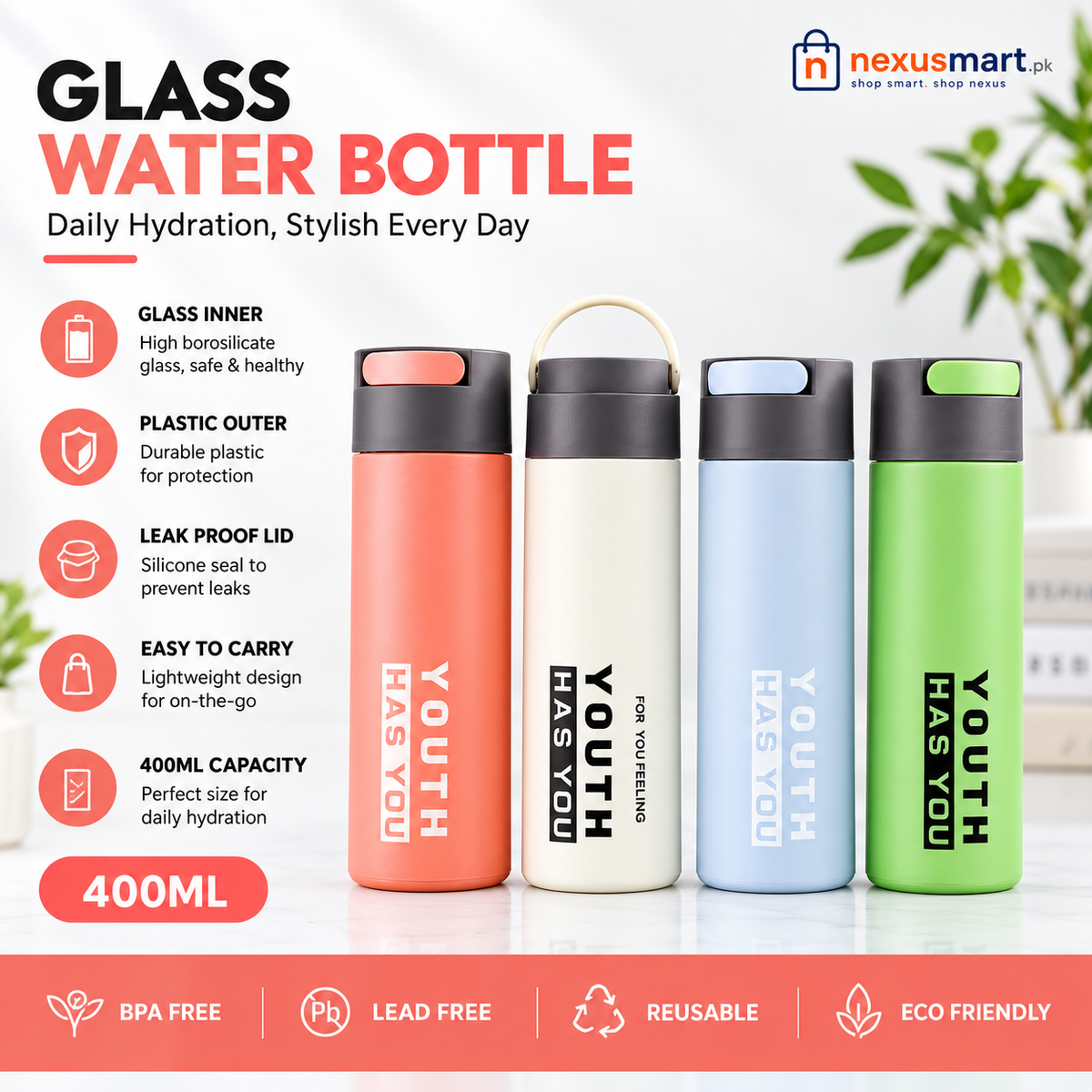 400ml Glass Water Bottle β Compact Reusable Drinking Bottle