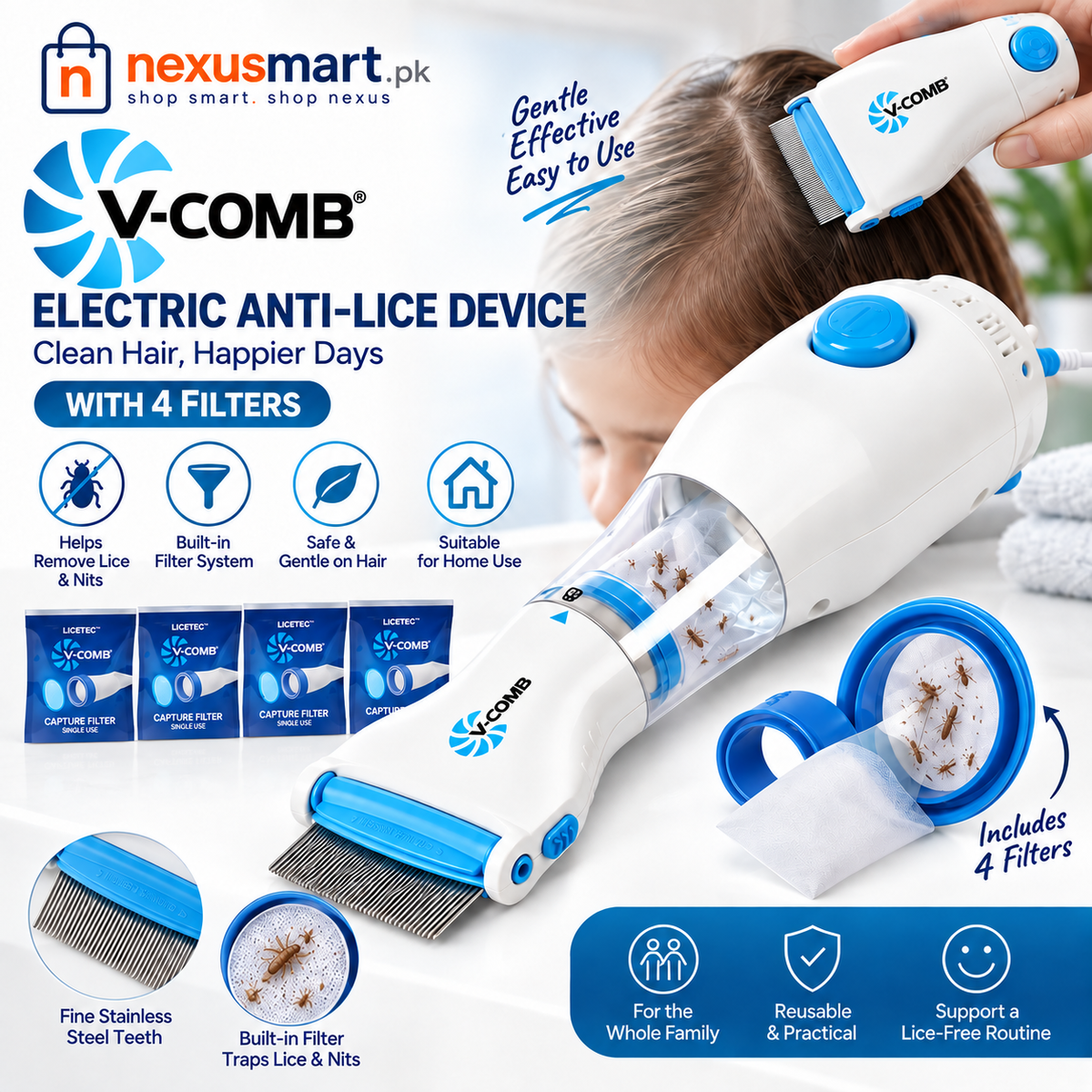 Electric V-Comb Anti-Lice Device with 4 Filters β Hair & Scalp Lice Comb