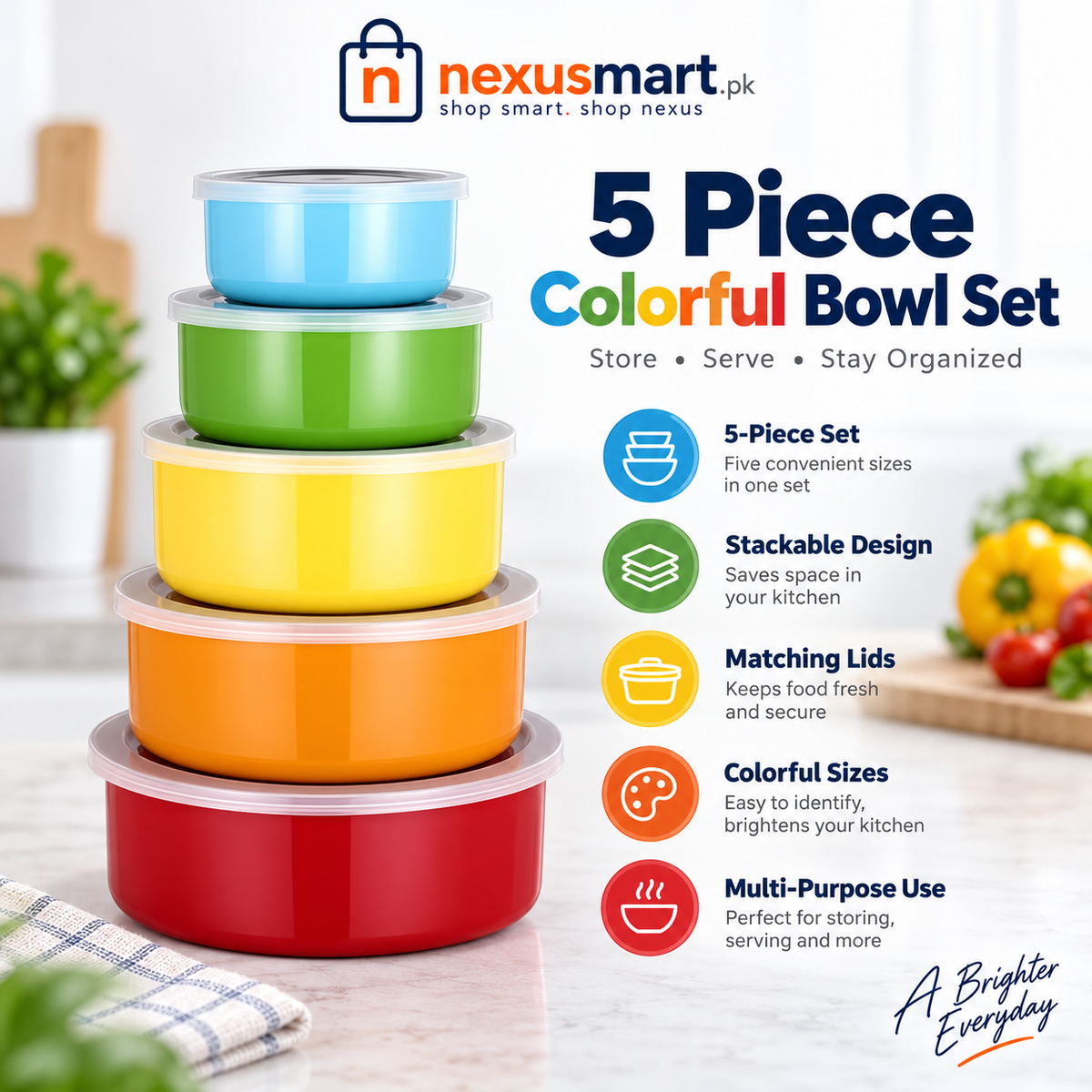 5-Piece Colorful Bowl Set – Multi-Purpose Serving Bowls