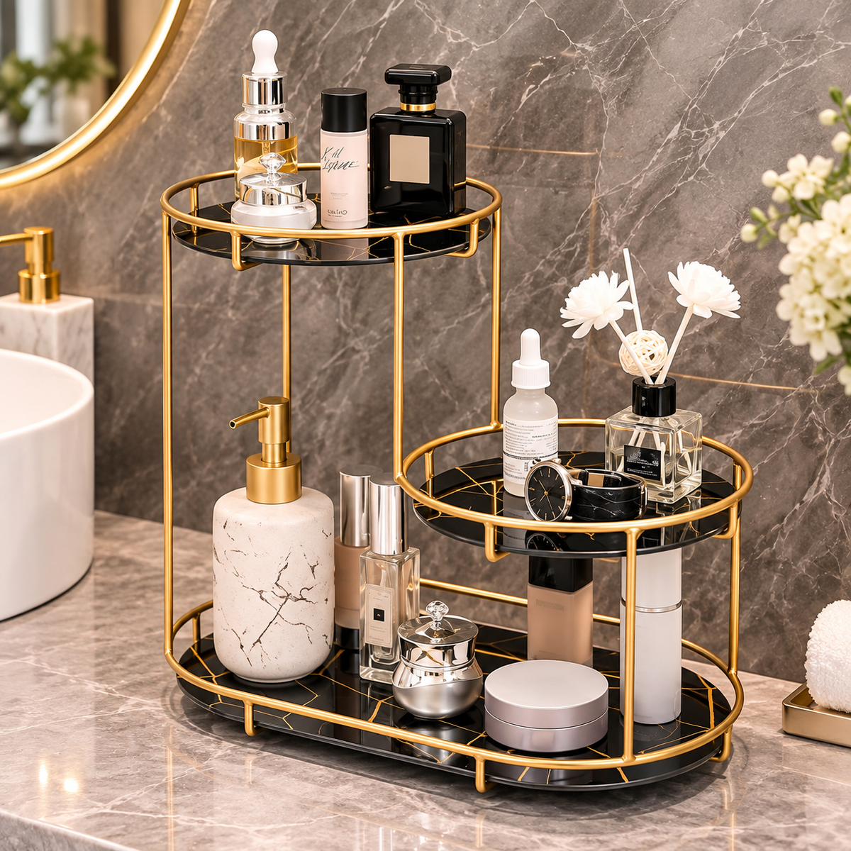 3-Tier Golden Vanity Stand – Cosmetic, Perfume & Skincare Organizer