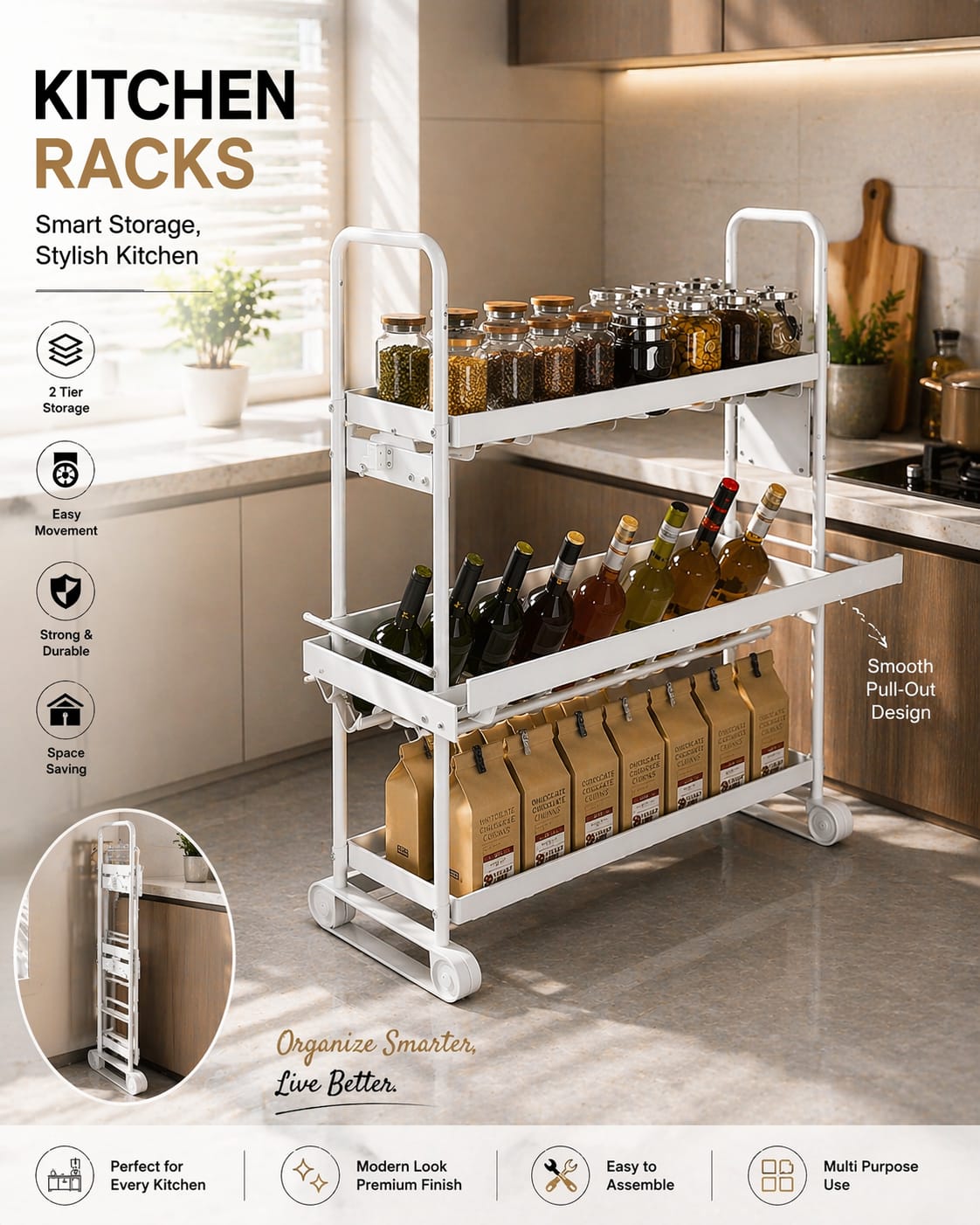 2-Tier Mobile Kitchen Storage Rack β Space-Saving Multipurpose Organizer