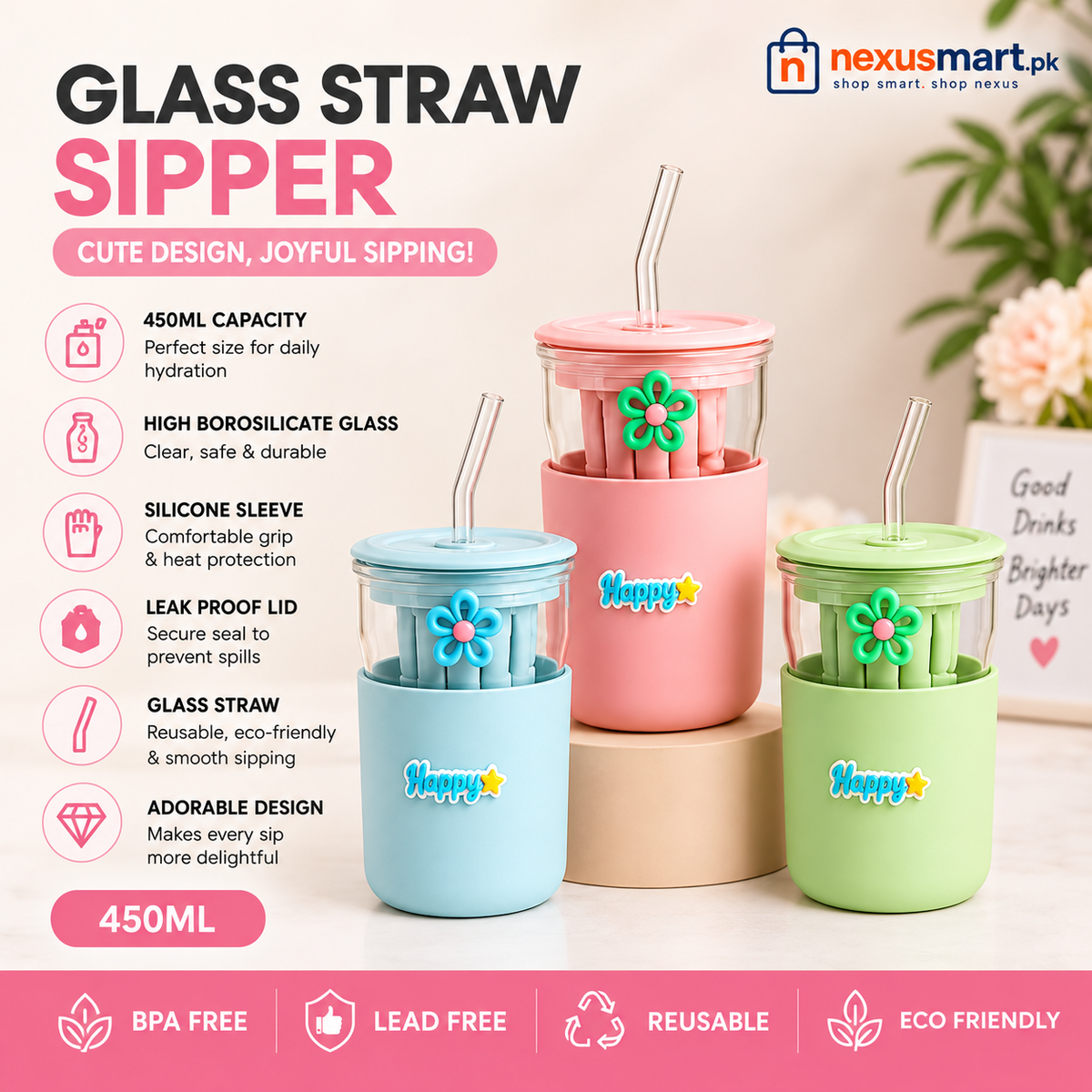 350ml Glass Straw Sipper β Cute Portable Water Bottle with Flip Lid