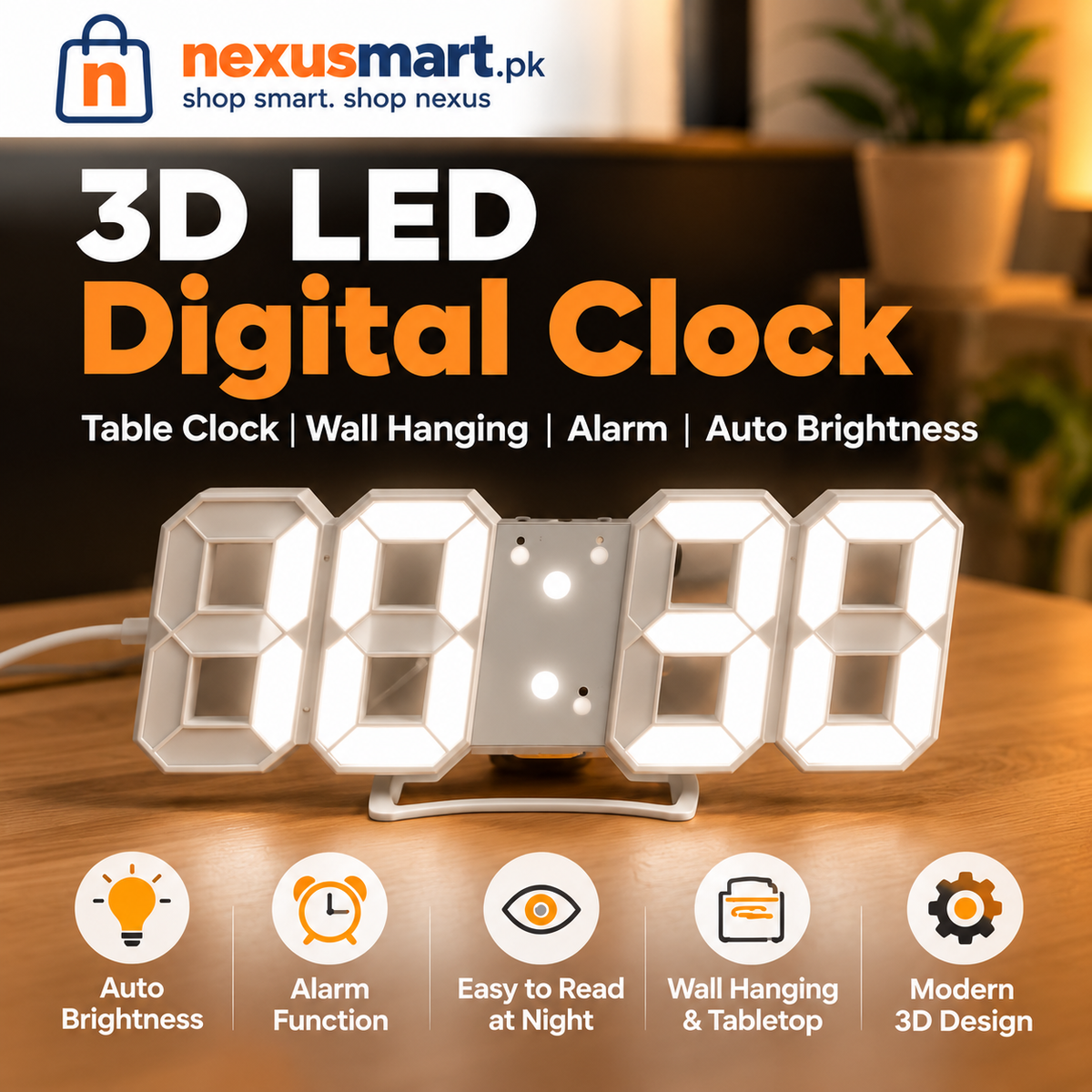 3D LED Digital Wall Clock with Alarm & Auto Brightness