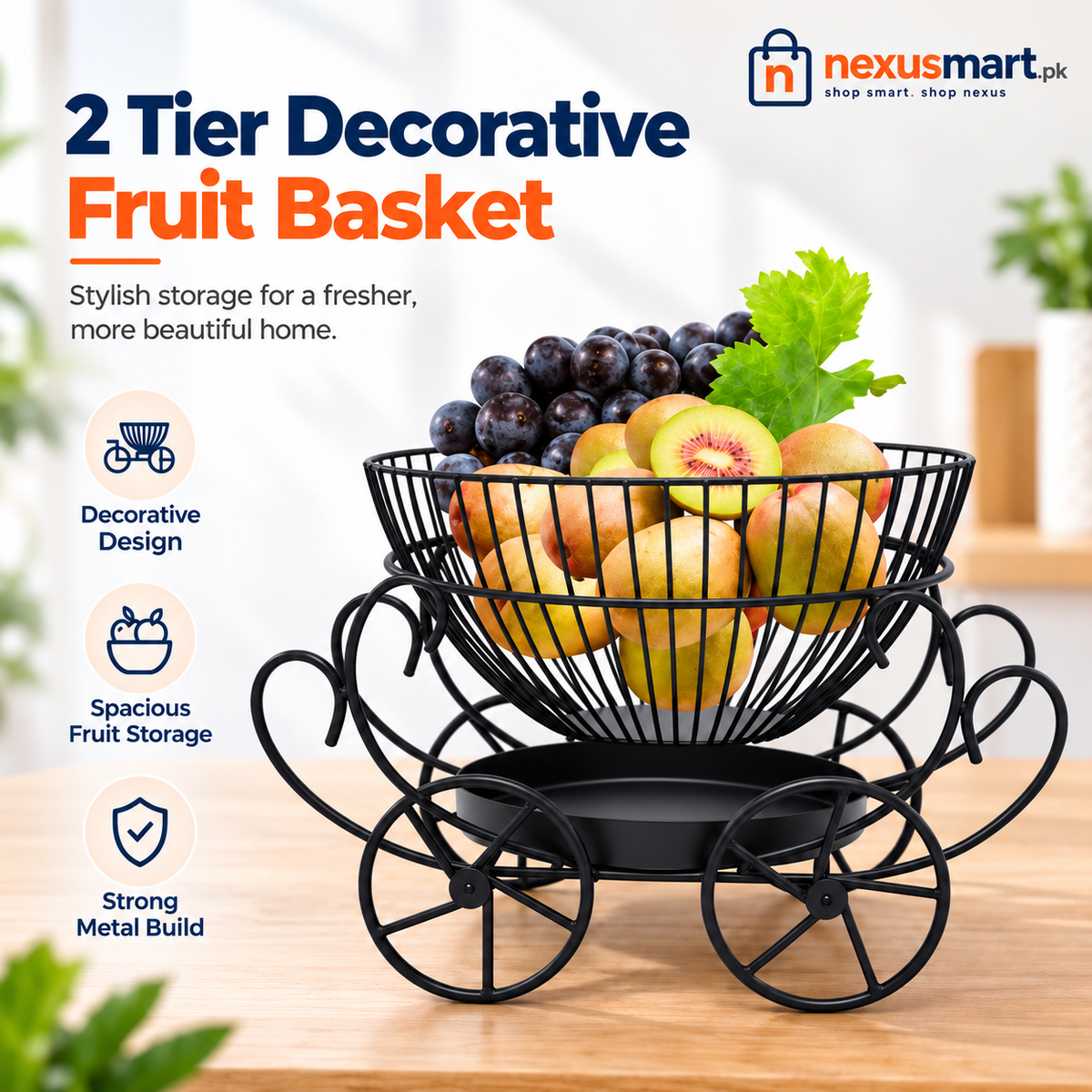 2-Tier Decorative Fruit Basket – Metal Countertop Organizer
