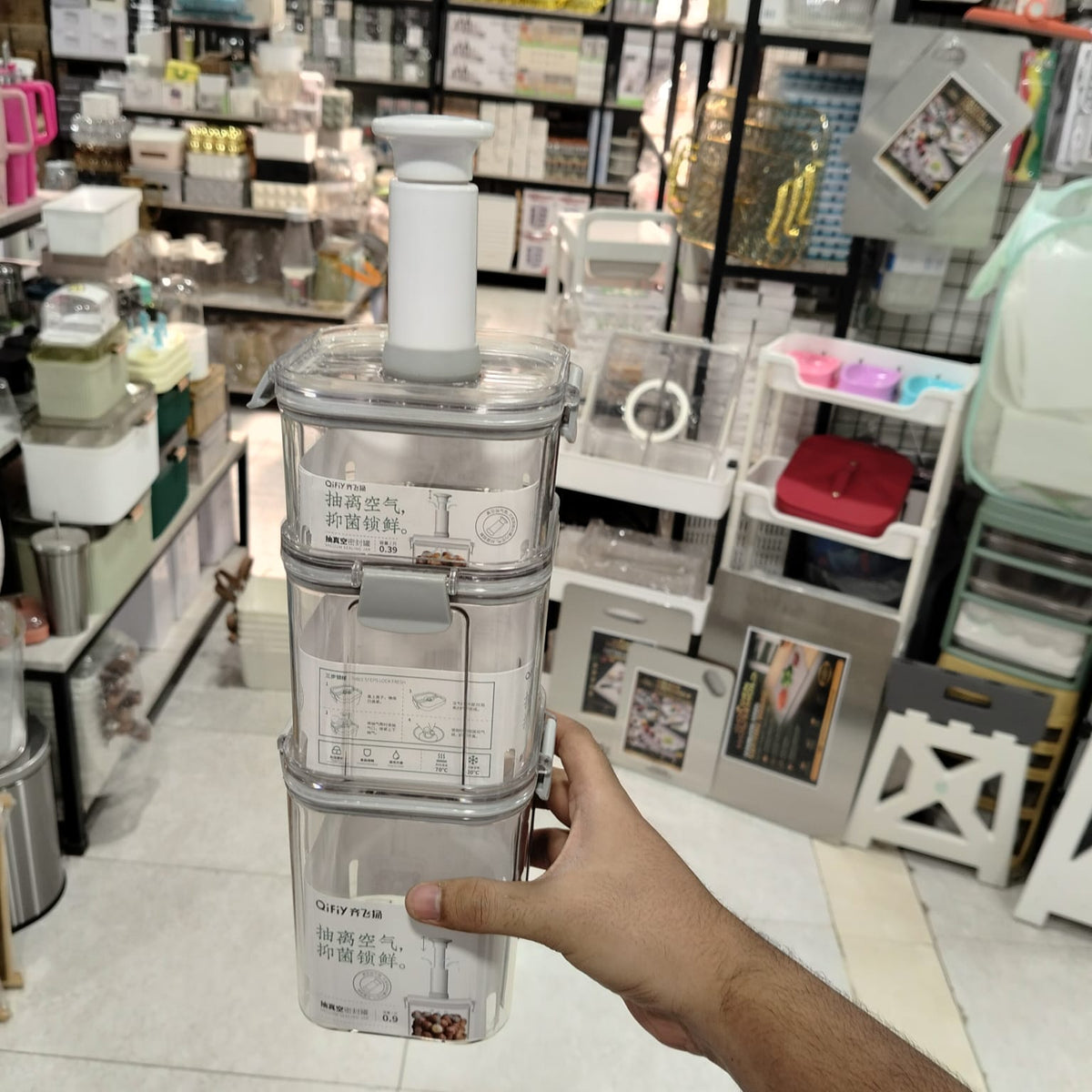 3-Piece Stackable Acrylic Vacuum Storage Box Set with Pump