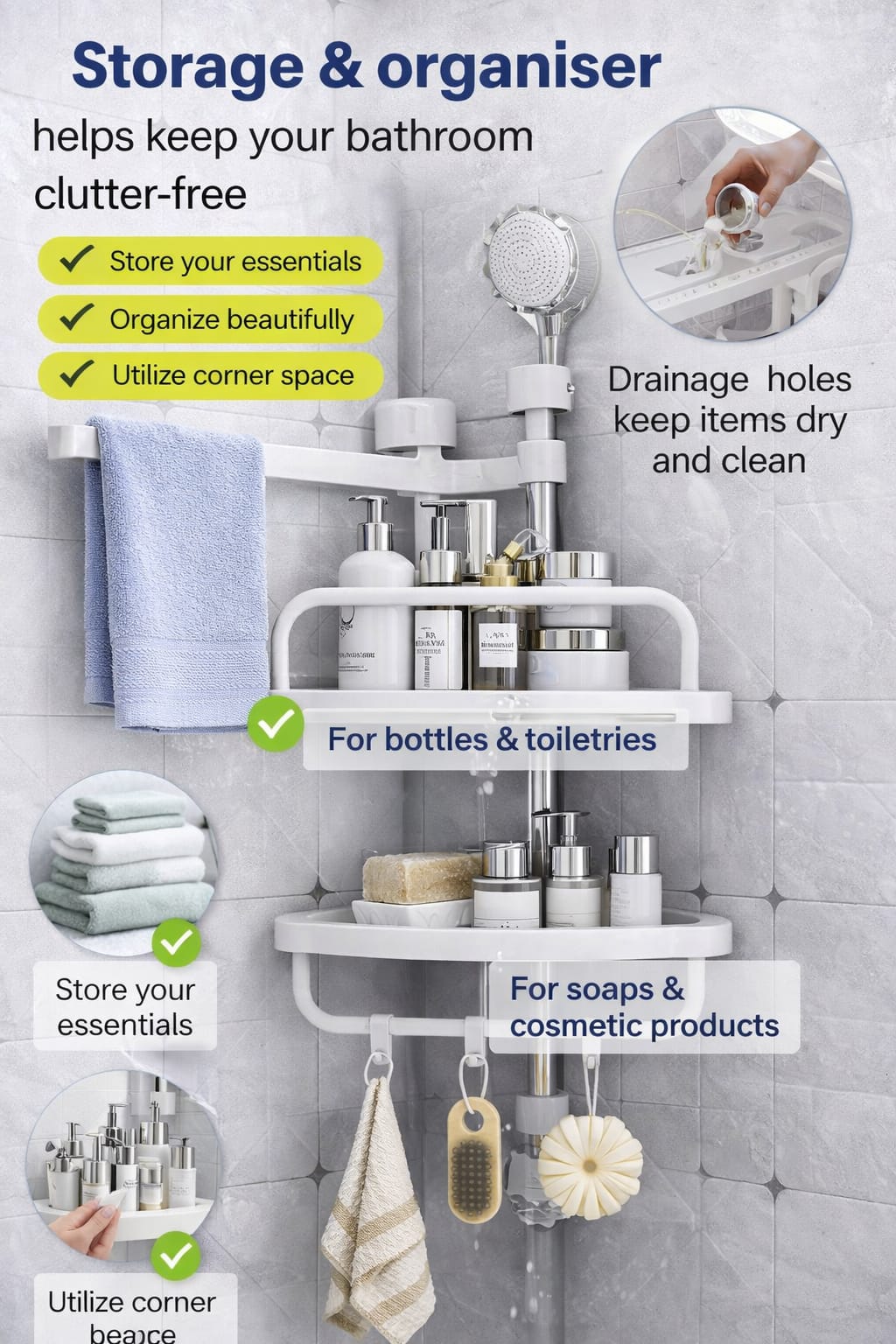 2-Layer Multi Corner Bathroom Shelf with Towel Bar & Hooks β Space-Saving Organizer