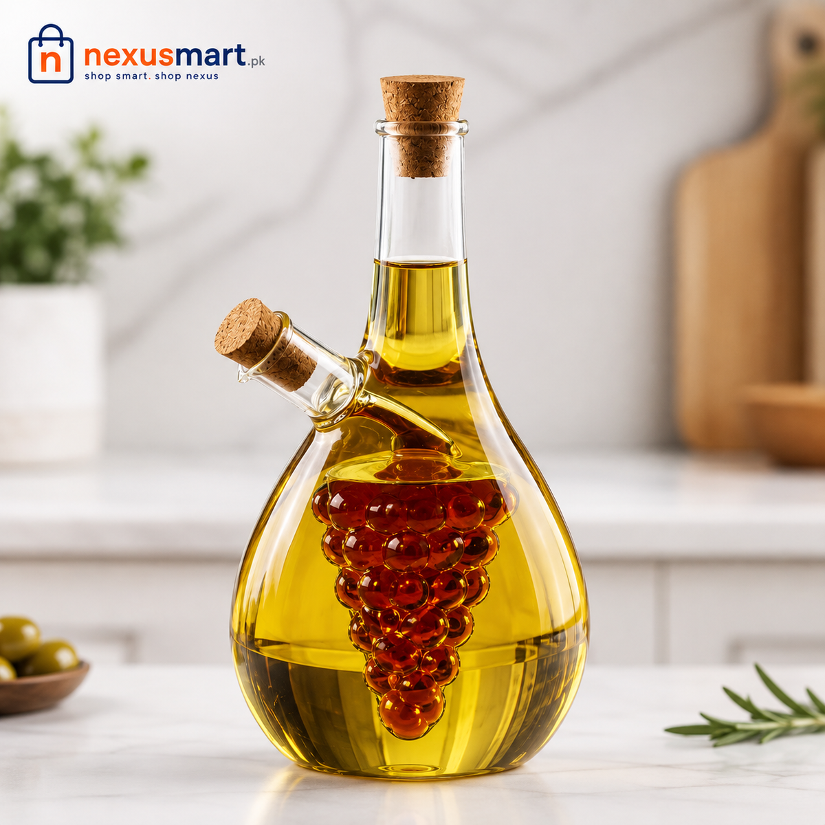 2 In 1 Transparent Glass Oil Bottle with Lid, Creative Double Mouth Glass Seasoning Oil Pot, 2 in 1 Kitchen Cruet Bottle with Cork Stopper