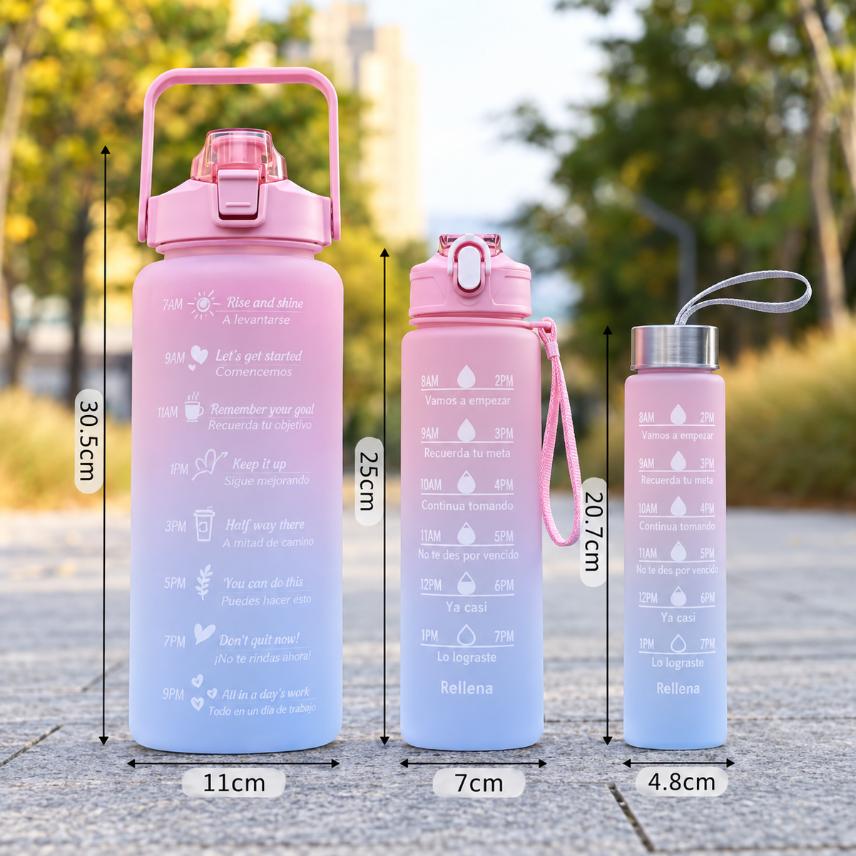 3-Piece Colourful Motivational Water Bottle Set β 3 Sizes with Time Markers