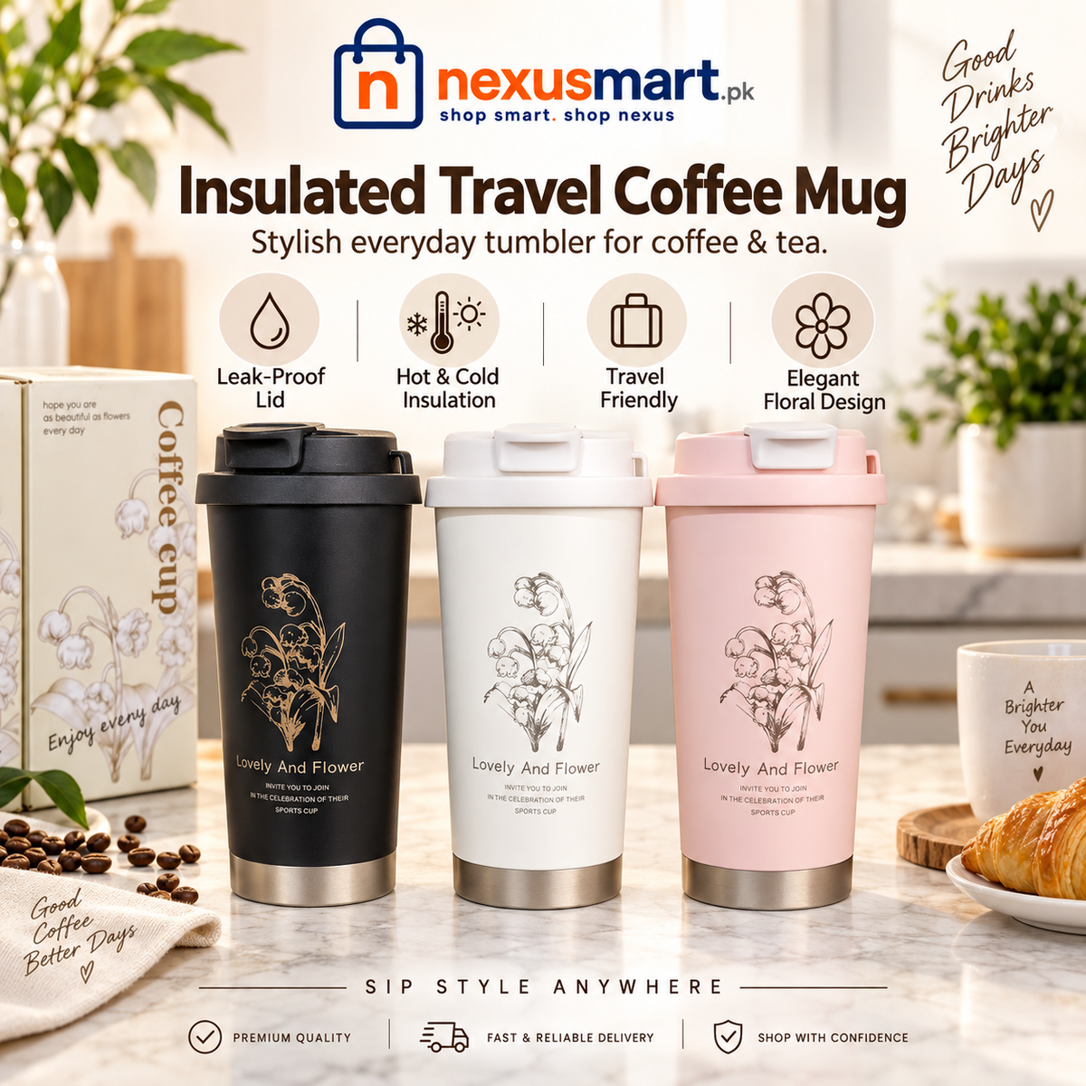 500ml Insulated Stainless Steel Travel Coffee Mug with Leak-Proof Lid, Strap & Straw