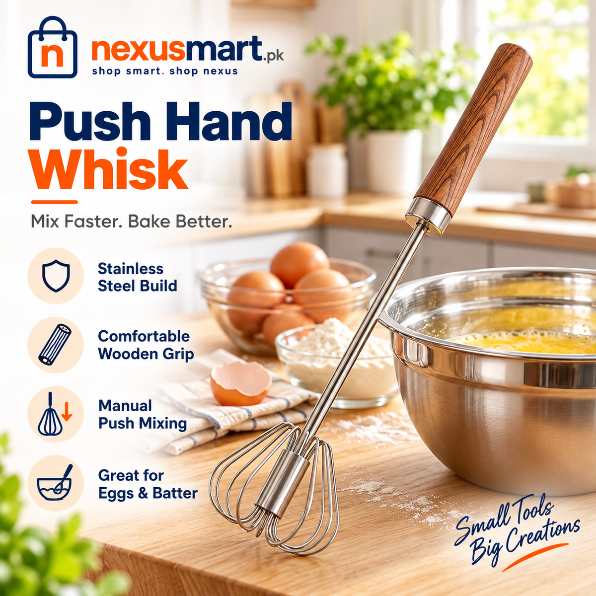 Stainless Steel Push Hand Whisk with Wooden Grip – Manual Kitchen Beater