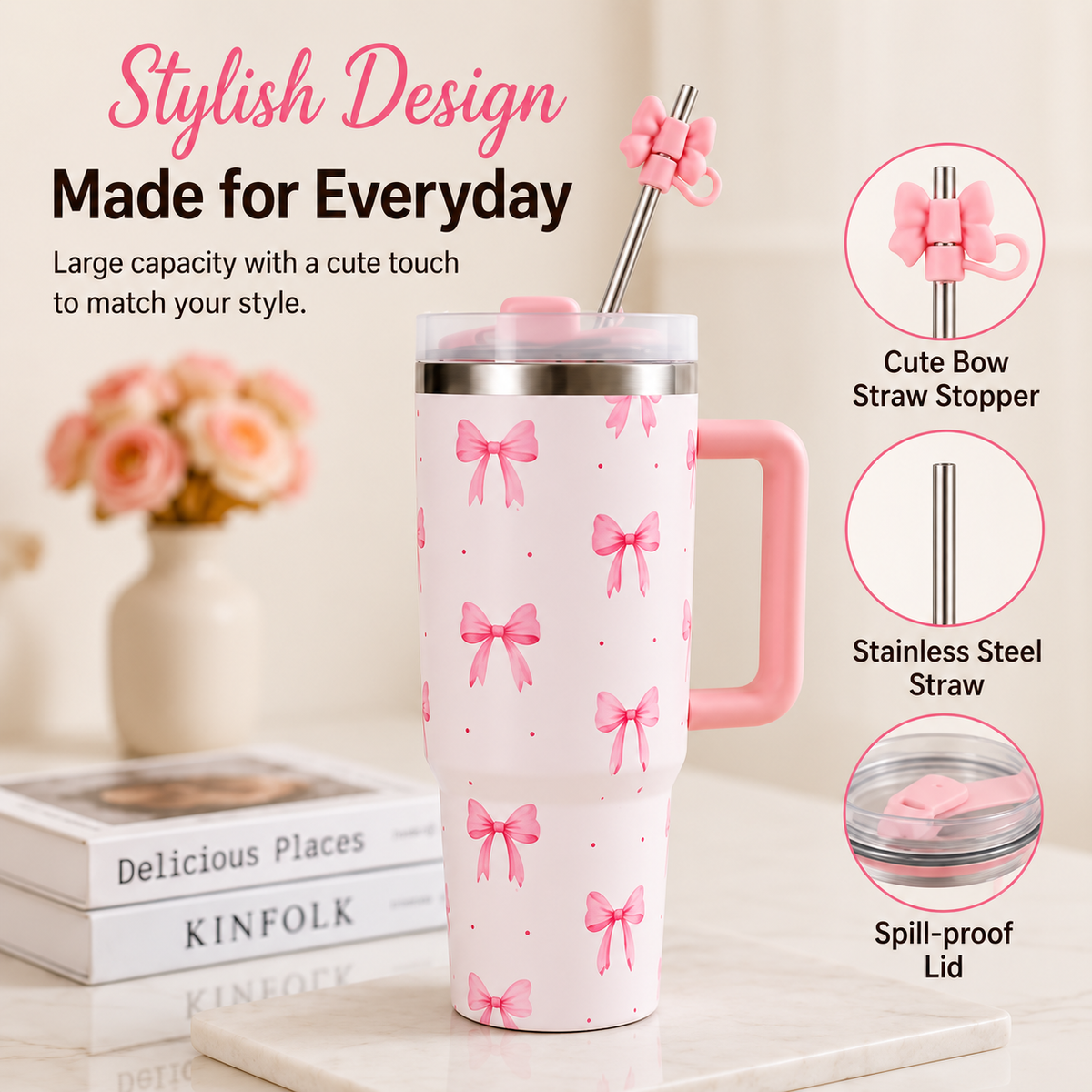 1200ml Bow Design Vacuum Tumbler β Large Insulated Drink Cup