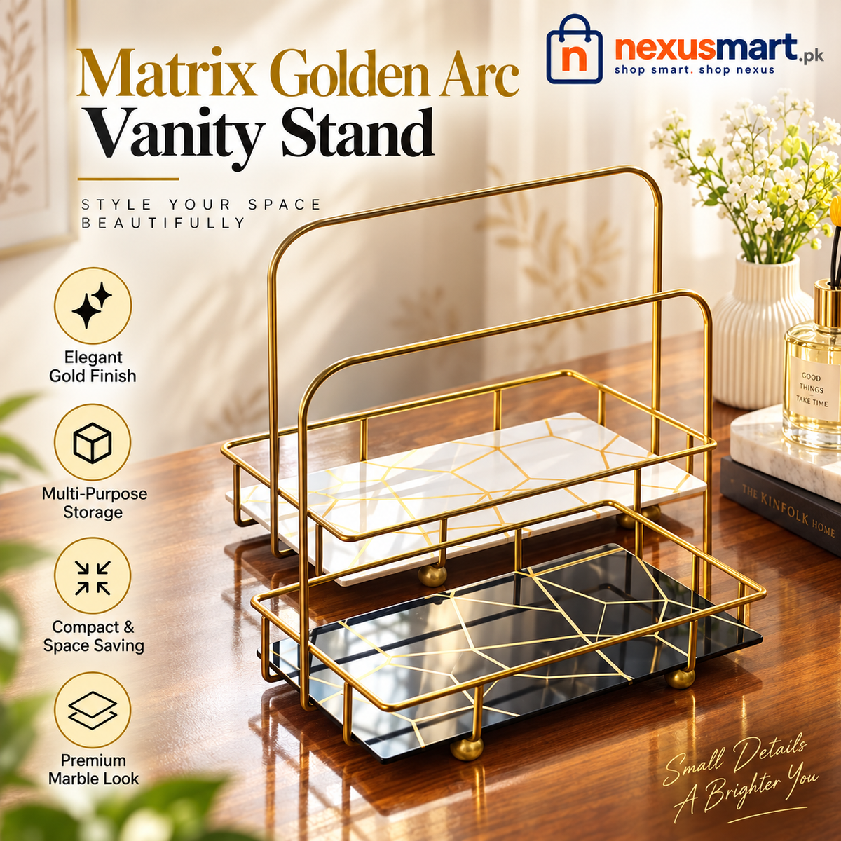 Matrix Golden Arc Vanity Stand – Cosmetic & Perfume Organizer