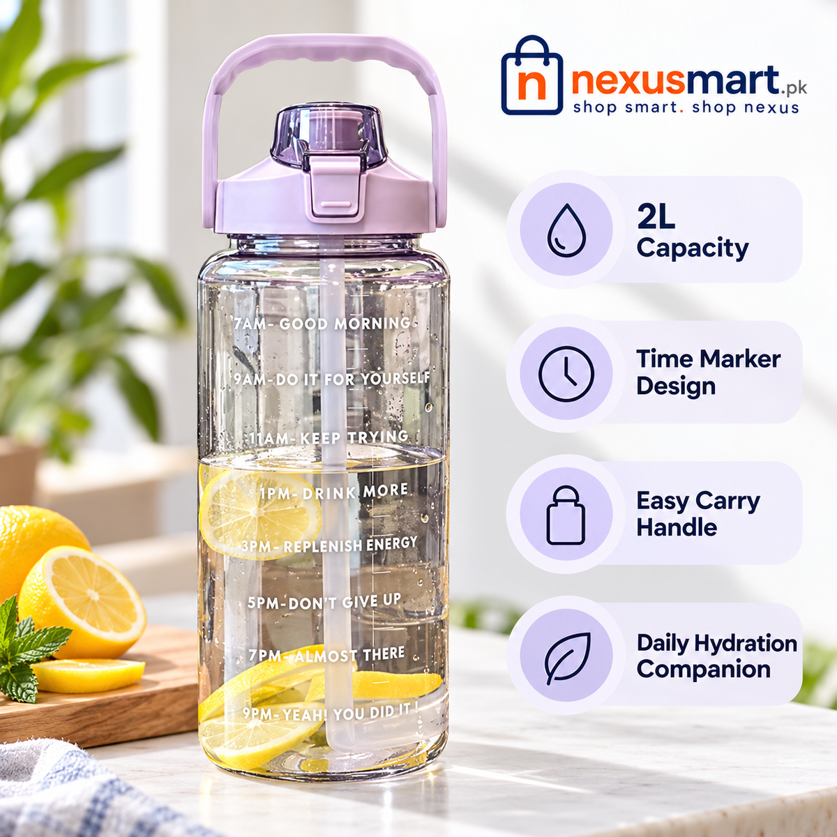 2L Portable Water Bottle with Time Marker for Gym & Fitness