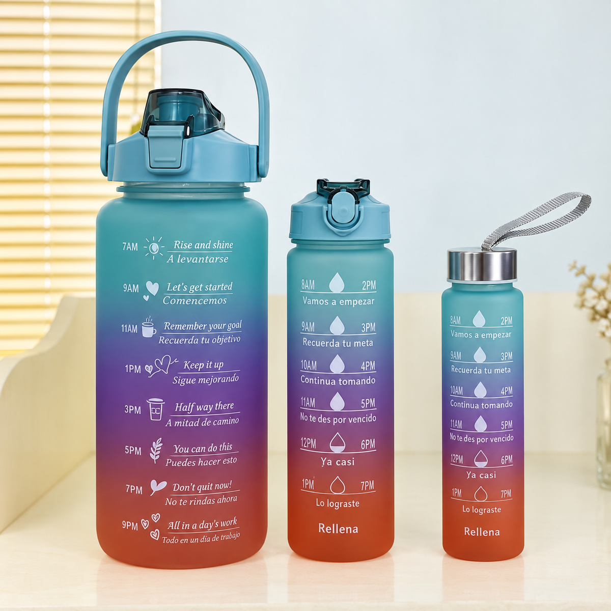 3-Piece Colourful Motivational Water Bottle Set β 3 Sizes with Time Markers