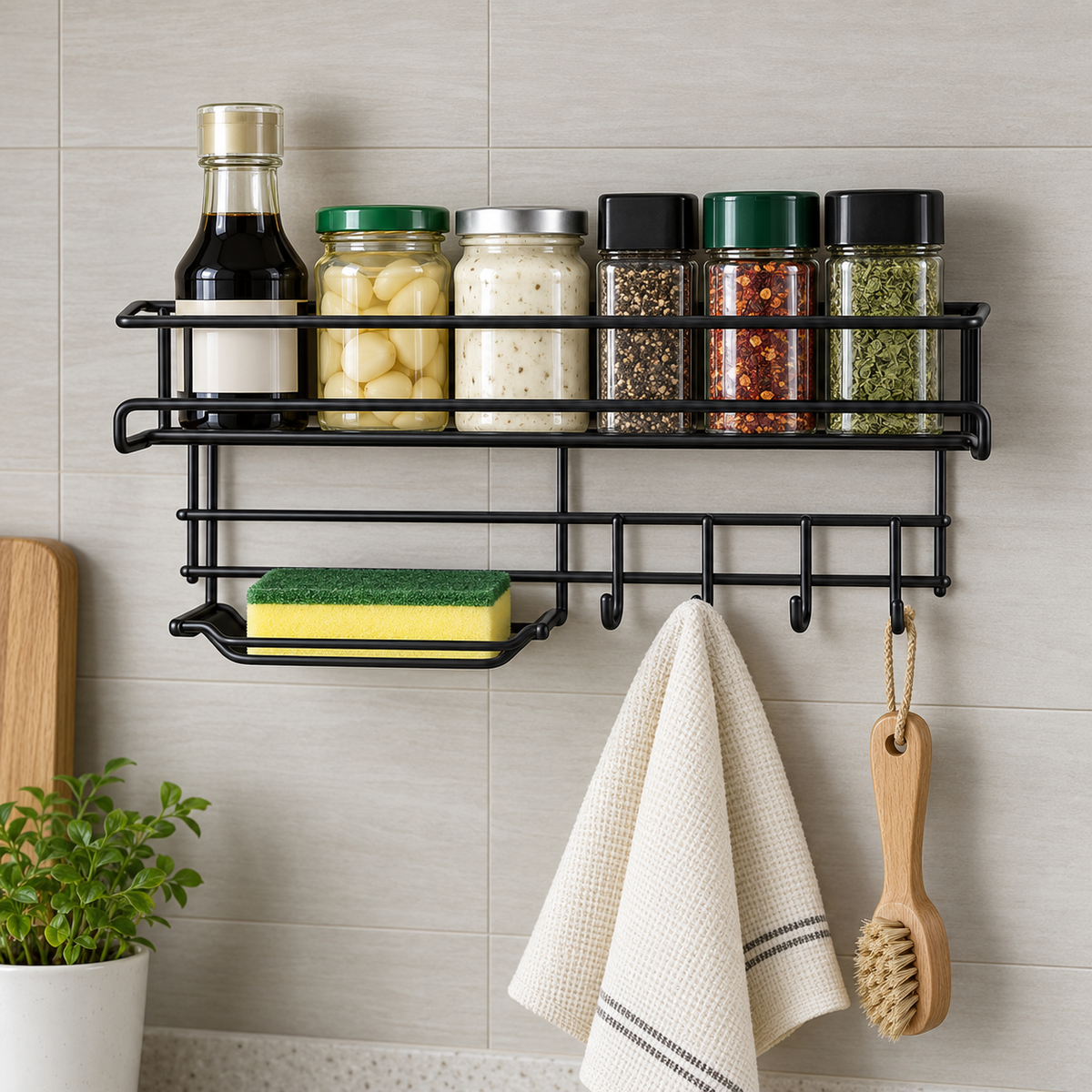 Wall-Mounted Shelf with Hooks & Soap Dish – Bathroom Organizer