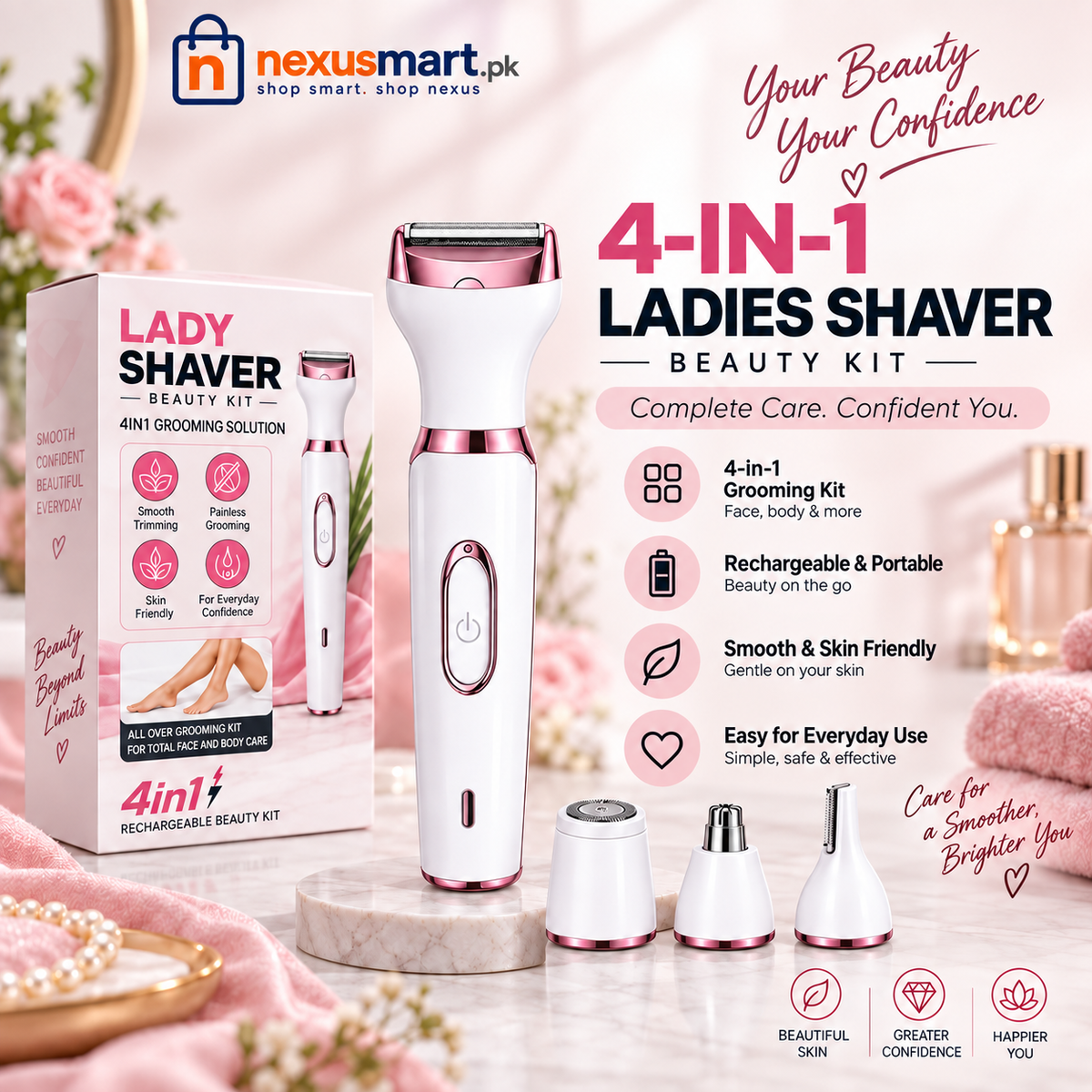 4-in-1 Rechargeable Ladies Shaver Beauty Kit – Personal Grooming Tool