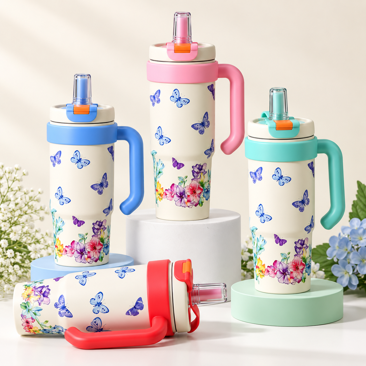 1000ml Insulated Vacuum Floral Tumbler with Handle & Straw