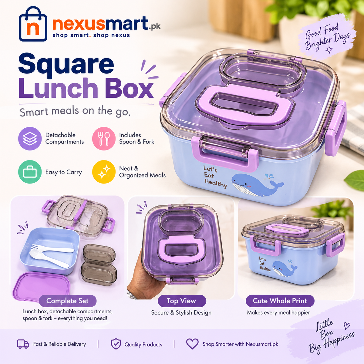 Square Plastic Lunch Box with Detachable Compartment, Spoon & Fork