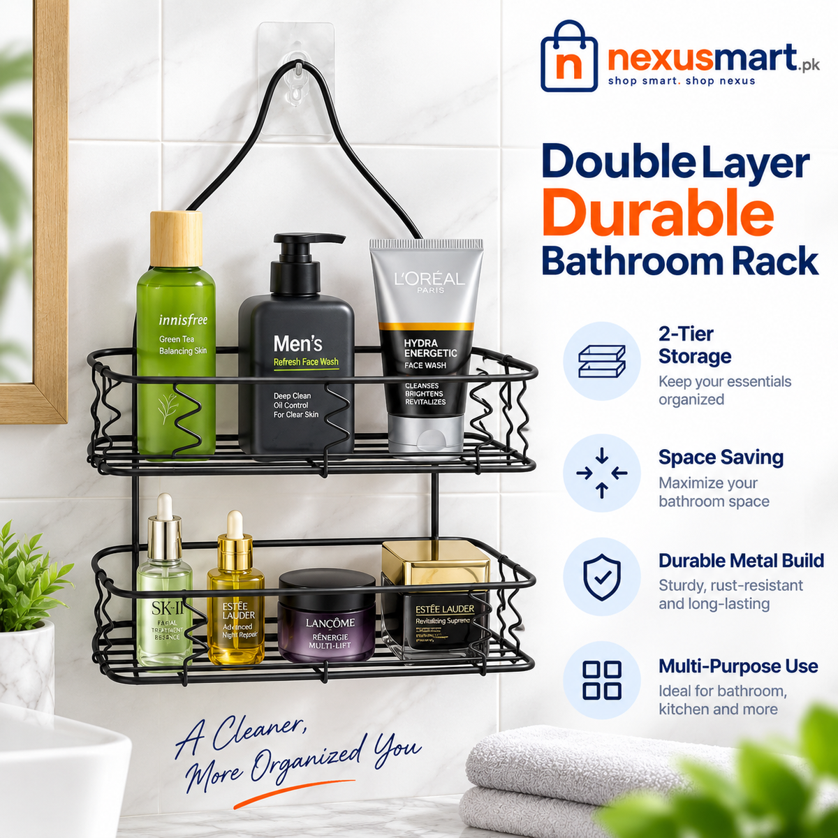 Double-Layer Bathroom Rack – Wall Storage Organizer