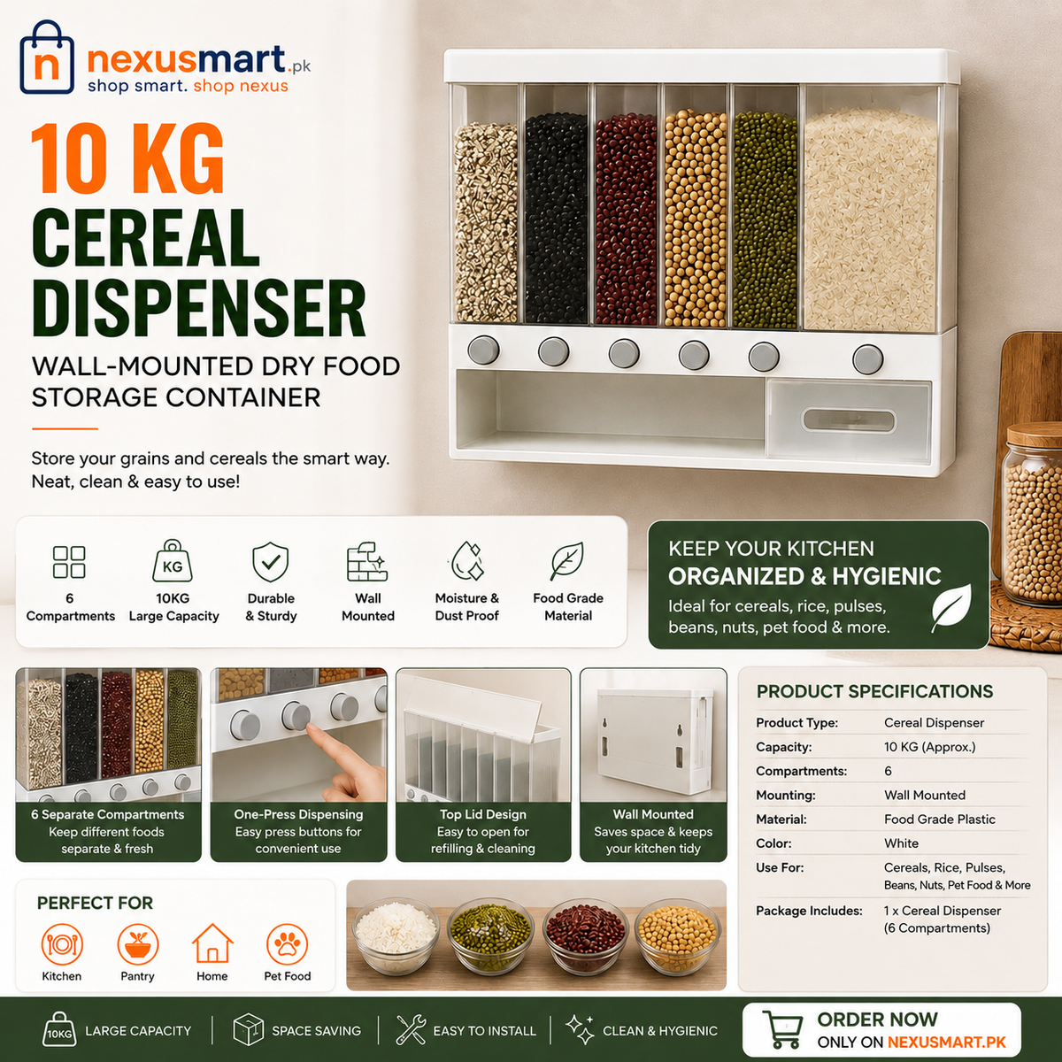 10KG Wall-Mounted Cereal Dispenser β 6-Compartment Dry Food Storage Container