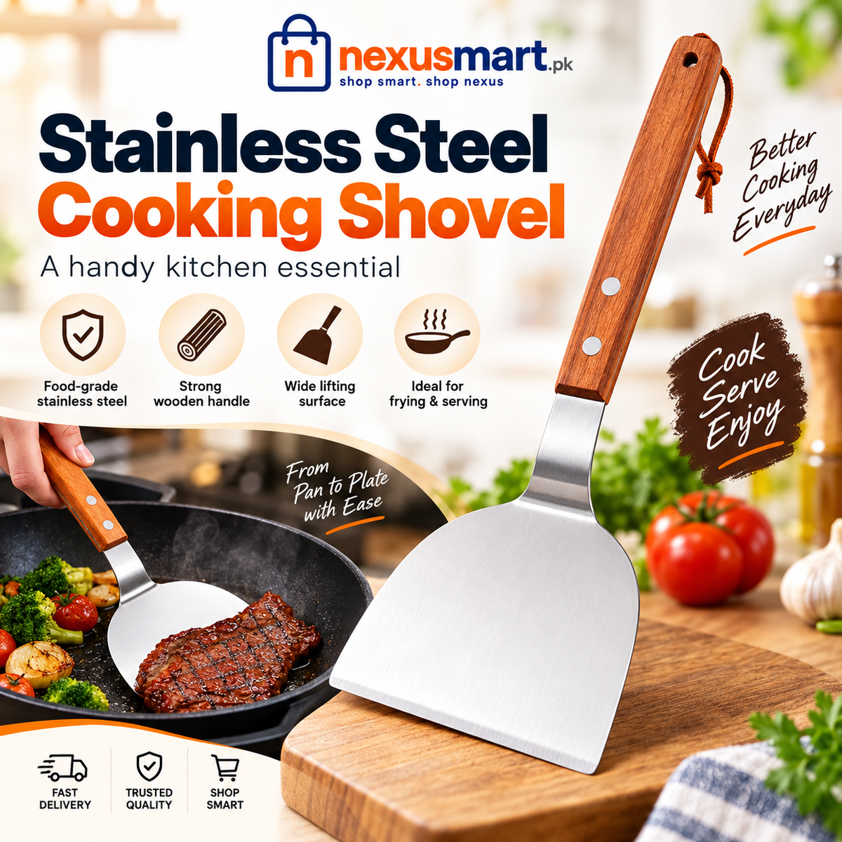 Stainless Steel Cooking Shovel with Wooden Handle – Non-Slip Kitchen Spatula
