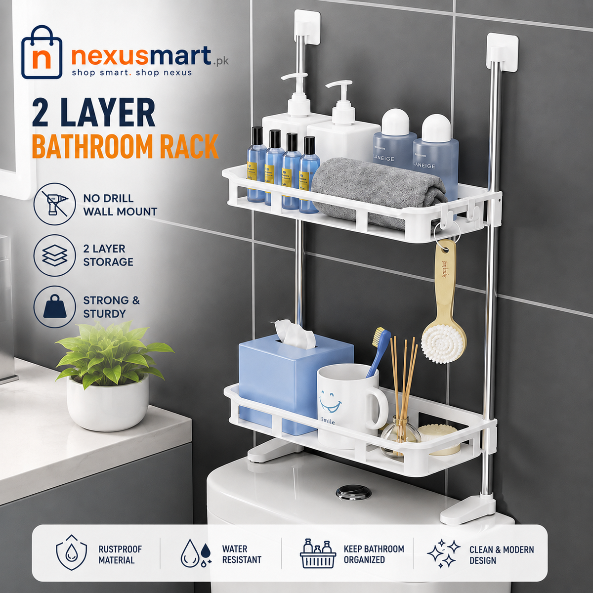 2-Layer Bathroom Storage Rack β Space-Saving Over-Toilet Organizer with Hooks