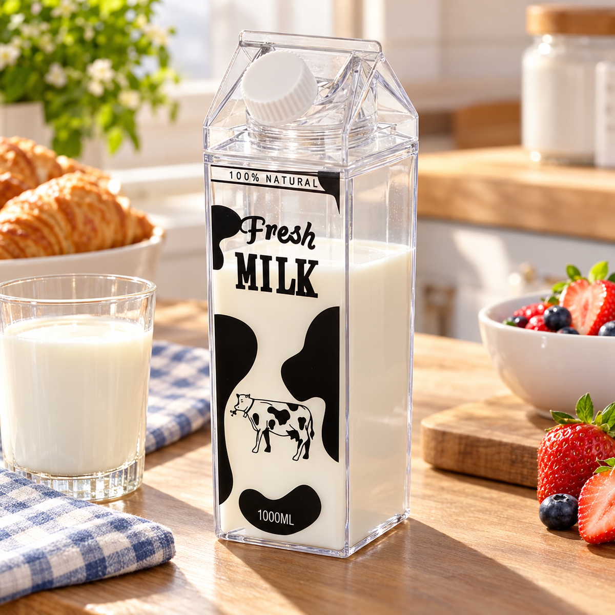 Cow Print Milk Carton Bottle 1000ml – BPA-Free Drink Bottle