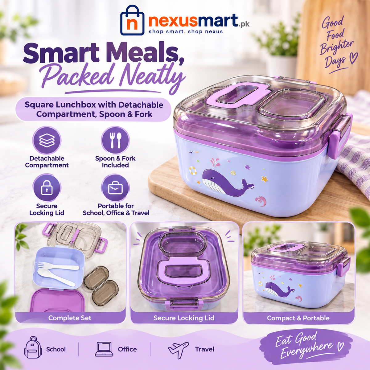 Square Plastic Lunch Box with Detachable Compartment, Spoon & Fork