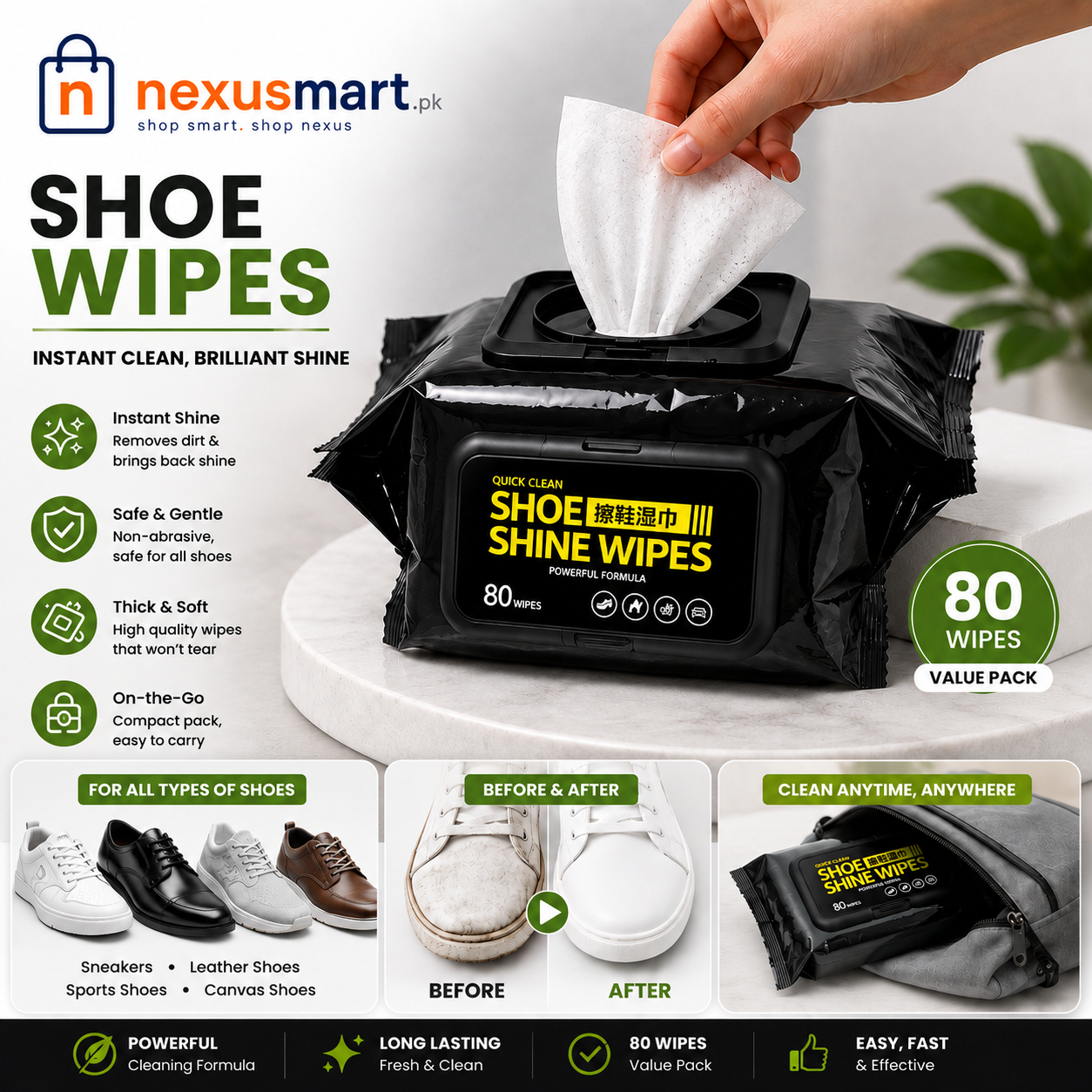 Shoe Shine Wipes β 80 Pcs Quick Cleaning Wipes for Footwear