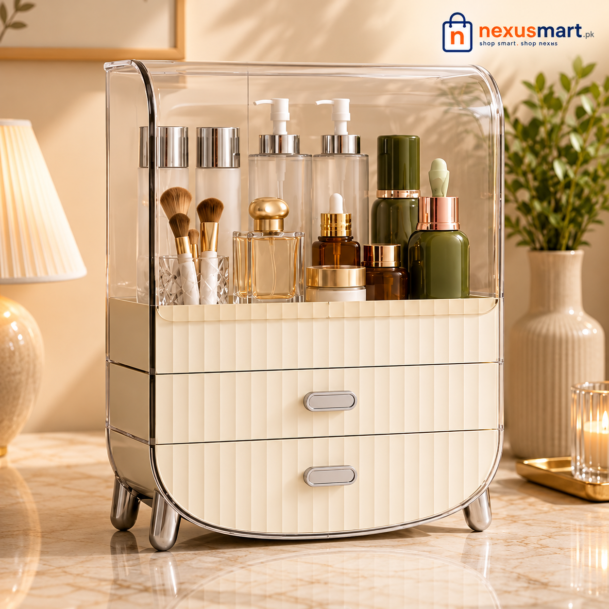 Nordic Cosmetic Storage Organizer with 2 Drawers & Transparent Cover