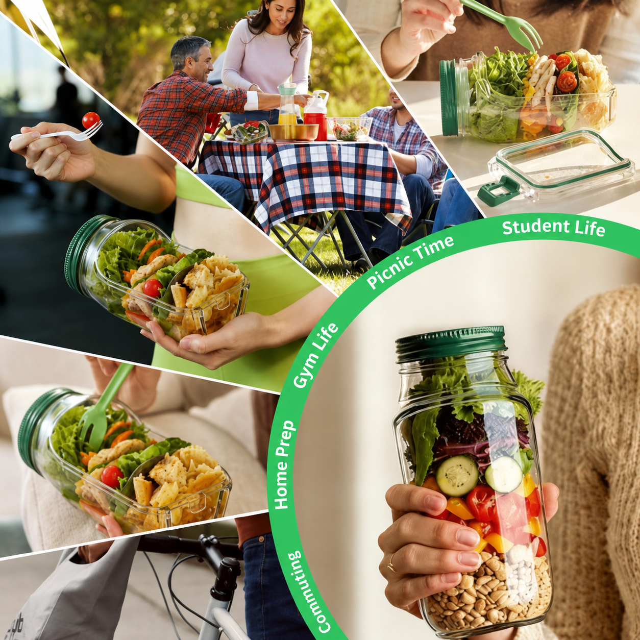 Leak-Proof Acrylic Salad Mason Jar with Dressing Container β Portable Meal Prep Jar