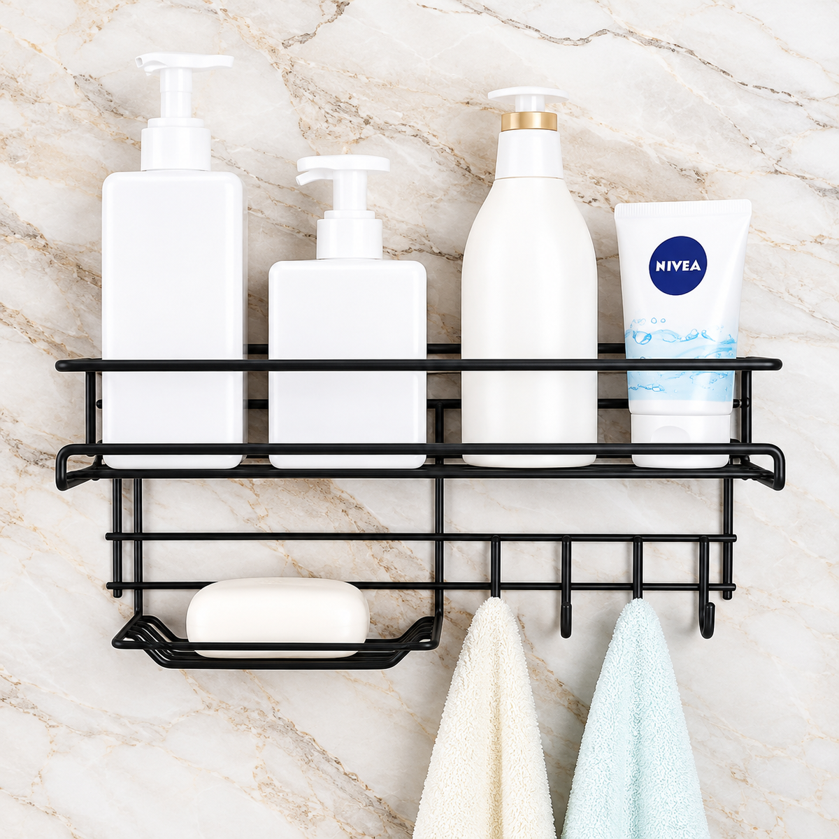 Wall-Mounted Shelf with Hooks & Soap Dish – Bathroom Organizer