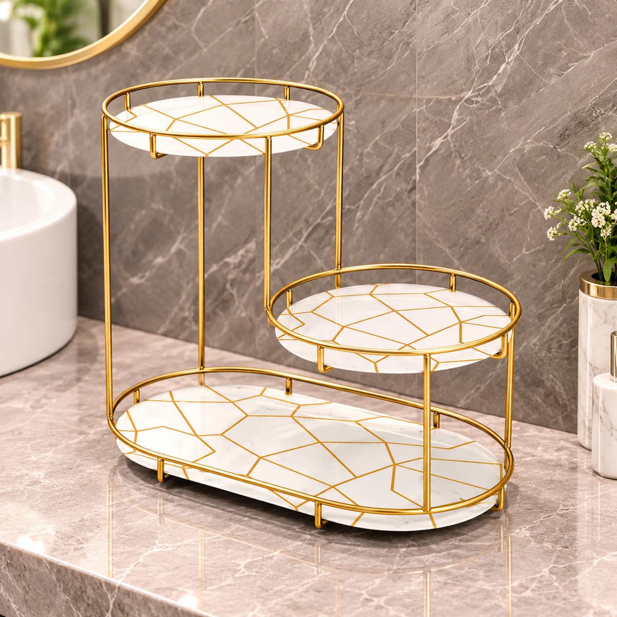 3-Tier Golden Vanity Stand – Cosmetic, Perfume & Skincare Organizer