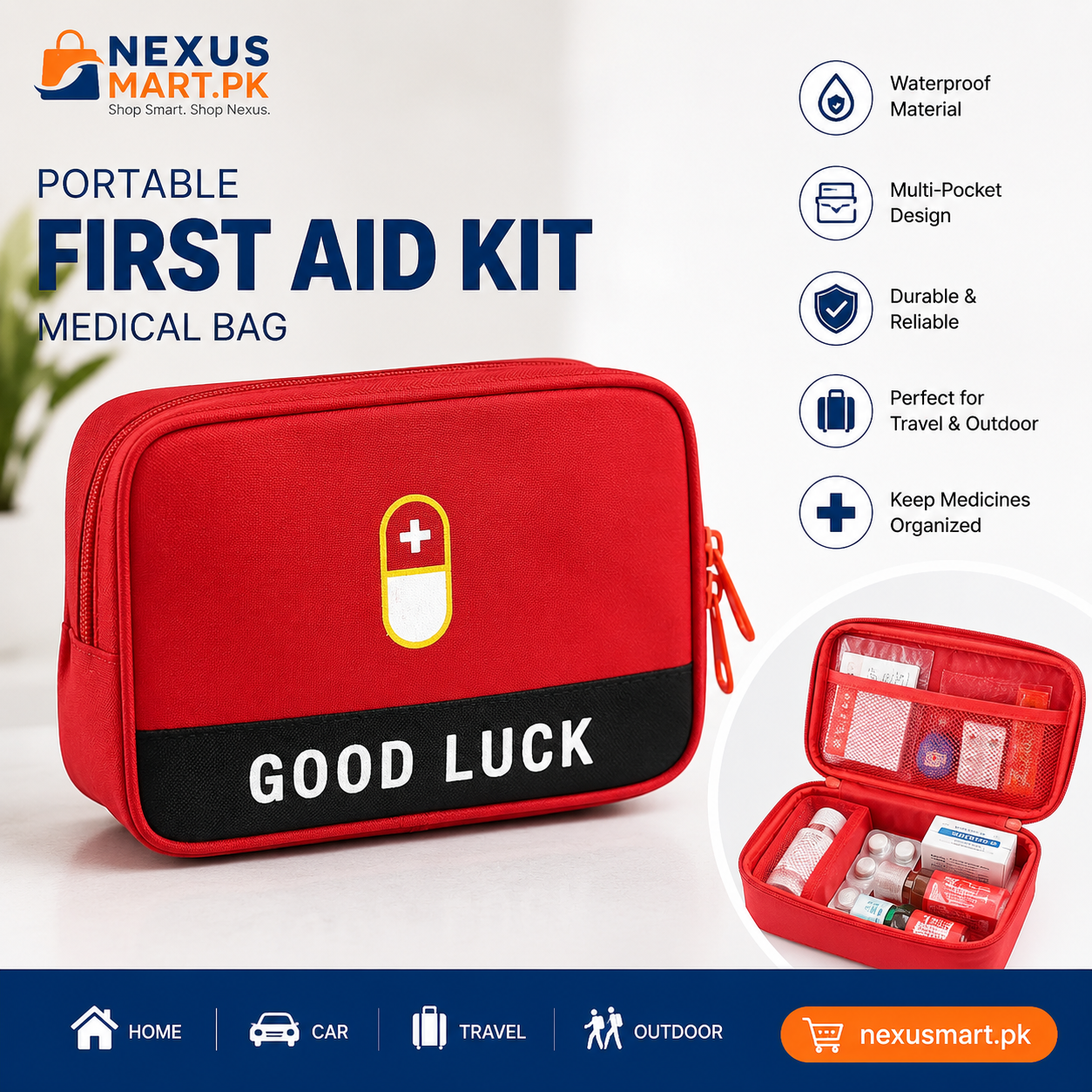 Portable First Aid Kit Medical Bag – Waterproof Empty Medicine Storage Organizer with Multi-Pockets for Travel, Home, Car & Outdoor Emergency Use