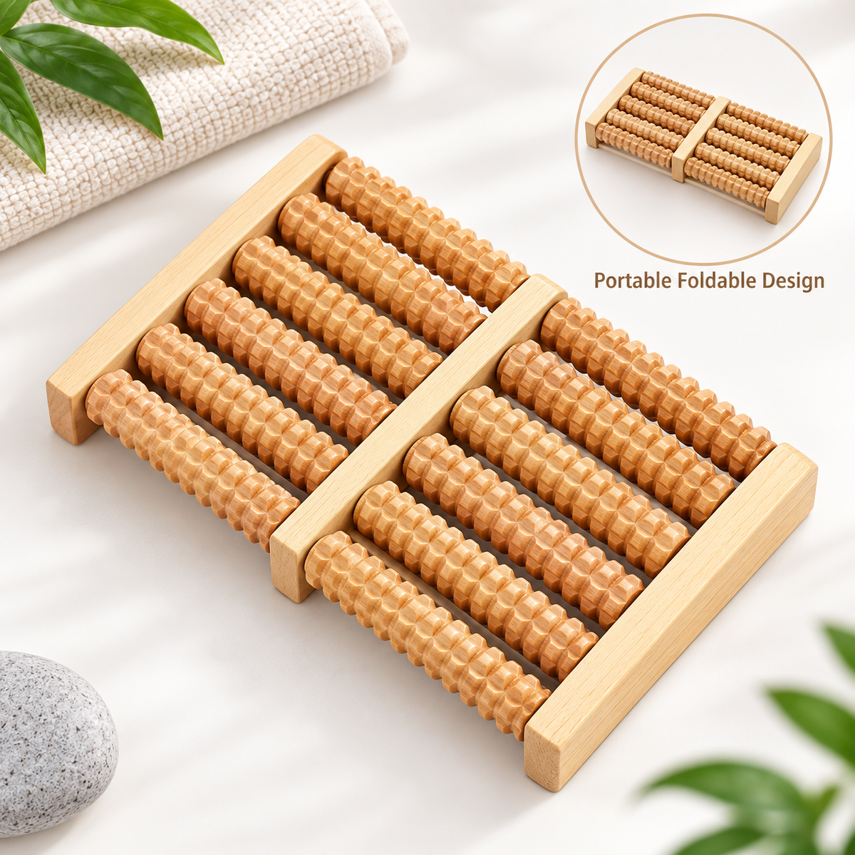 Wooden Foot Massage Roller with 12 Textured Rollers – Manual Foot Massager