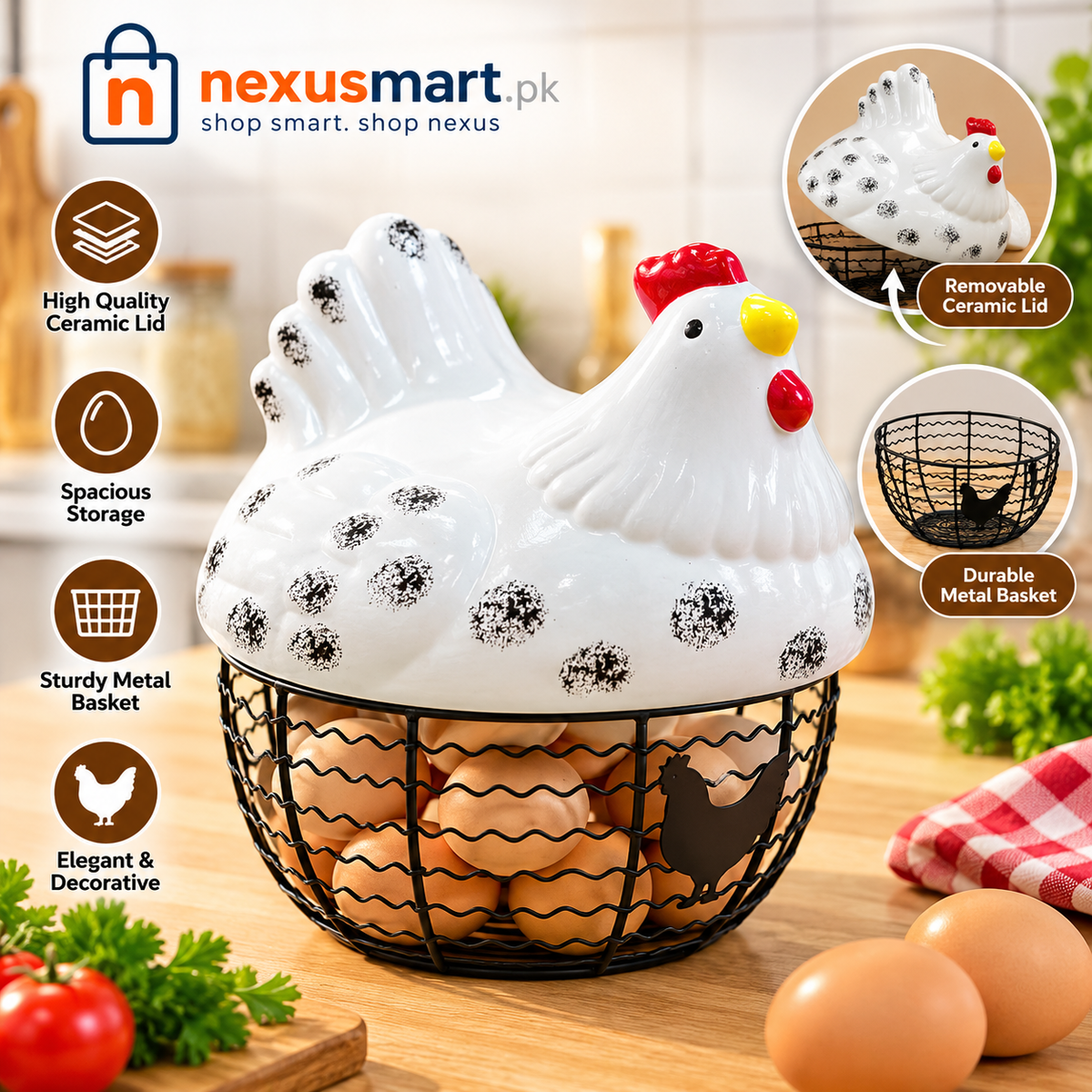 Large Farmhouse Hen-Shaped Egg Storage Basket with Lid – Decorative Wire Egg Holder