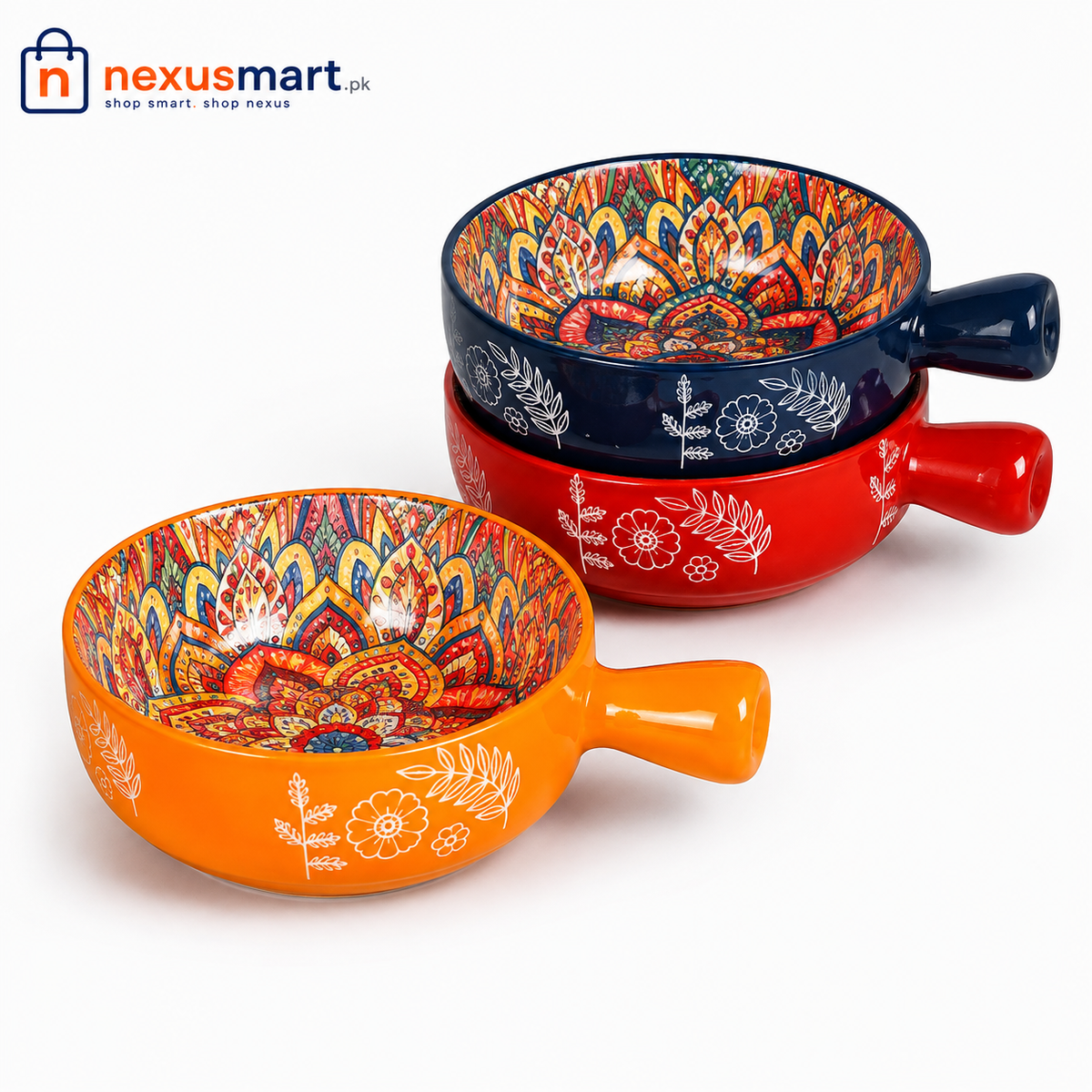 Decorative Ceramic Soup Bowl with Handle β Handcrafted Floral Ramen & Serving Bowl