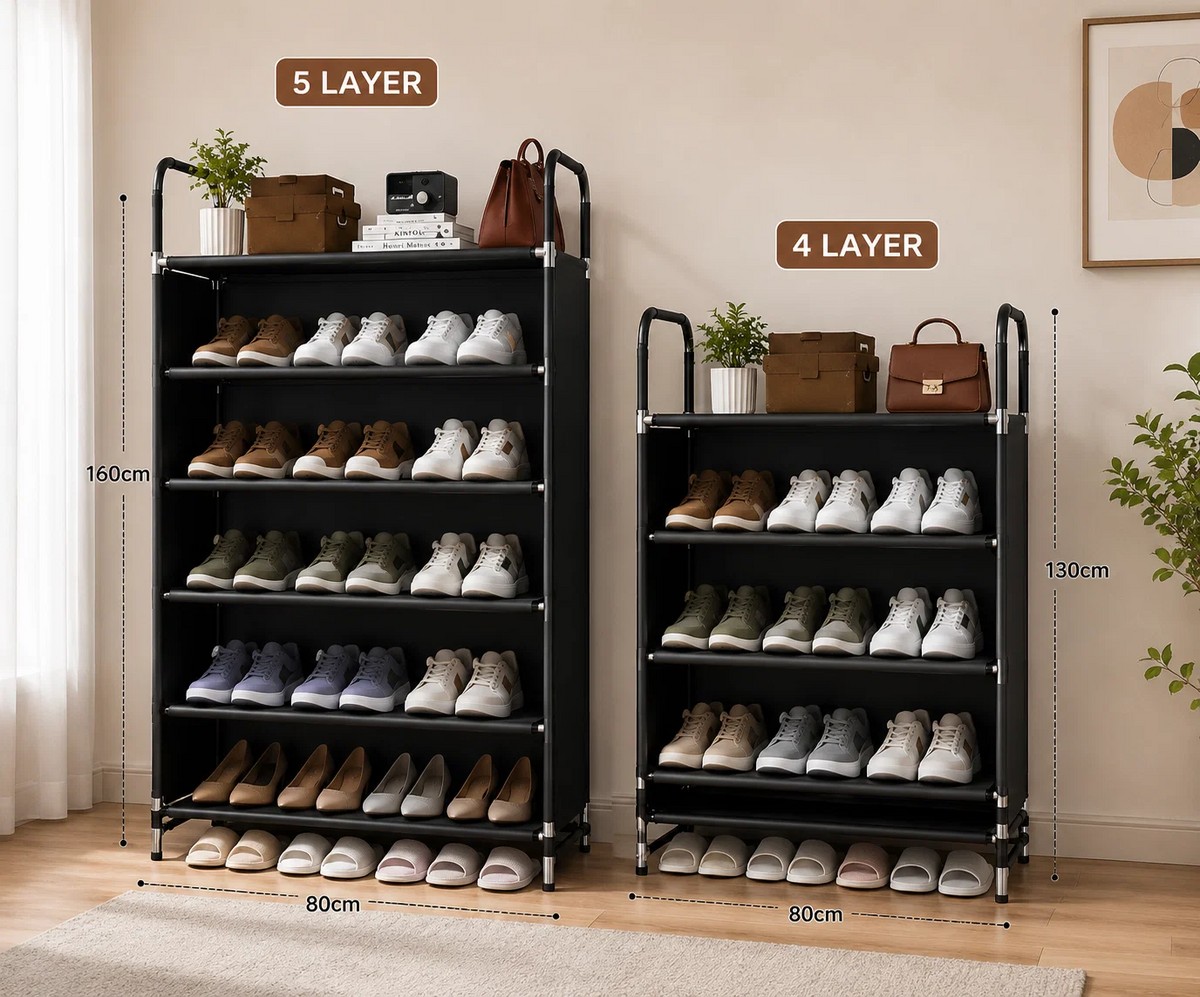 Dustproof Shoe Organizer Shelf with Sliding Curtain Door, Multi Tier Shoe Storage Cabinet, Space Saving Shoe Rack with Side Cover