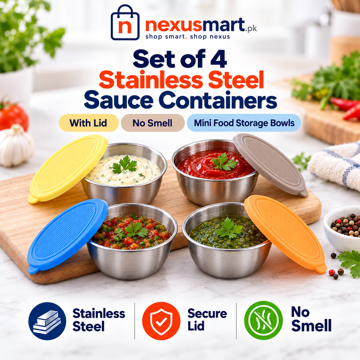 Set of 4 Stainless Steel Sauce Containers with Colorful Lids – Mini Food Storage Bowls