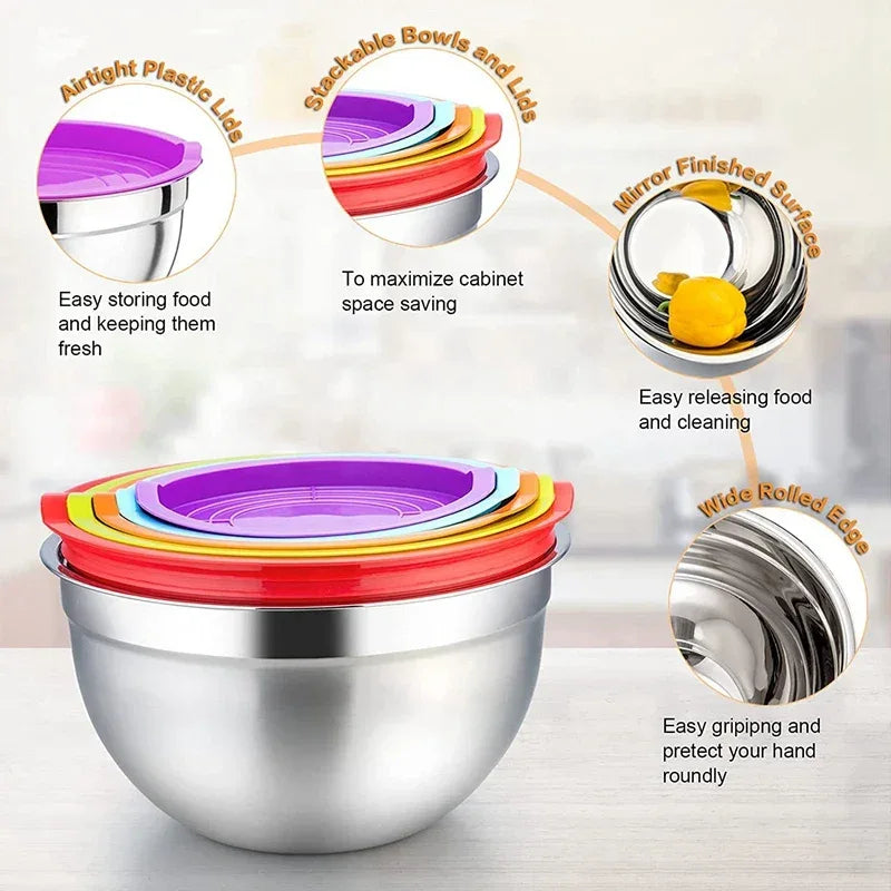 5-Piece Stainless Steel Mixing Bowl Set with Lids – Nesting Salad & Prep Bowls