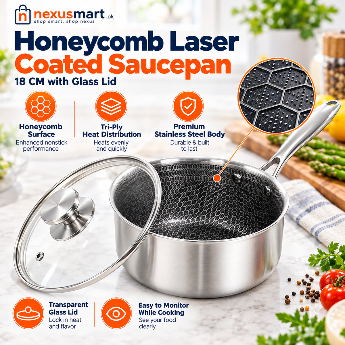 Honeycomb Laser Coated Saucepan with Lid – 18cm