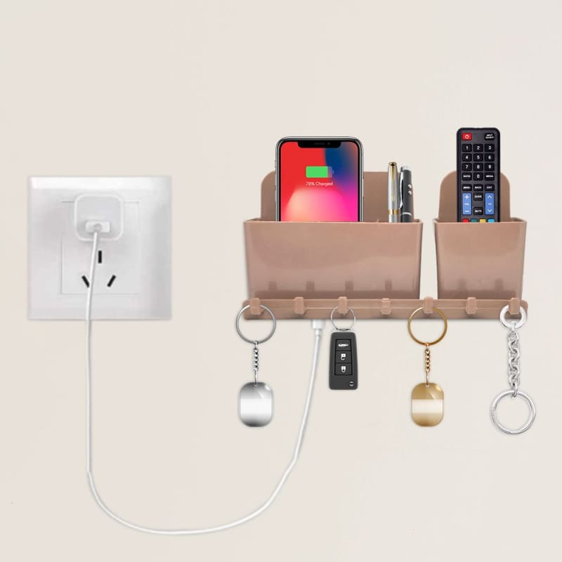Multi-Purpose Wall Mounted Mobile Phone Holder with Key Hooks & Charging Stand