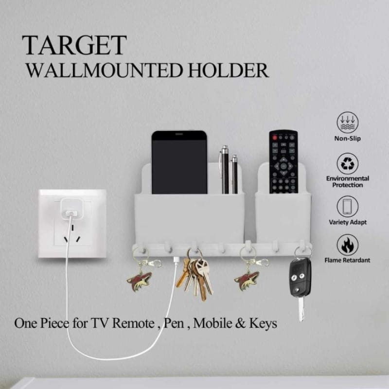 Multi-Purpose Wall Mounted Mobile Phone Holder with Key Hooks & Charging Stand