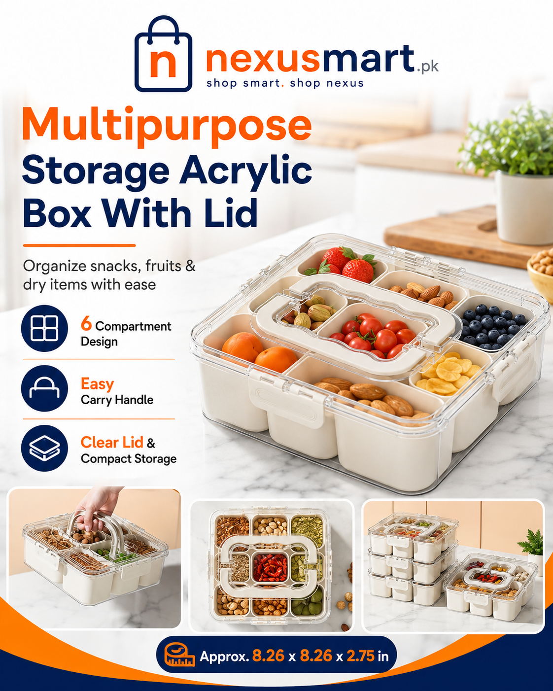 Multipurpose 6 compartment storage acrylic box with lid and handle - Nexusmart.pk