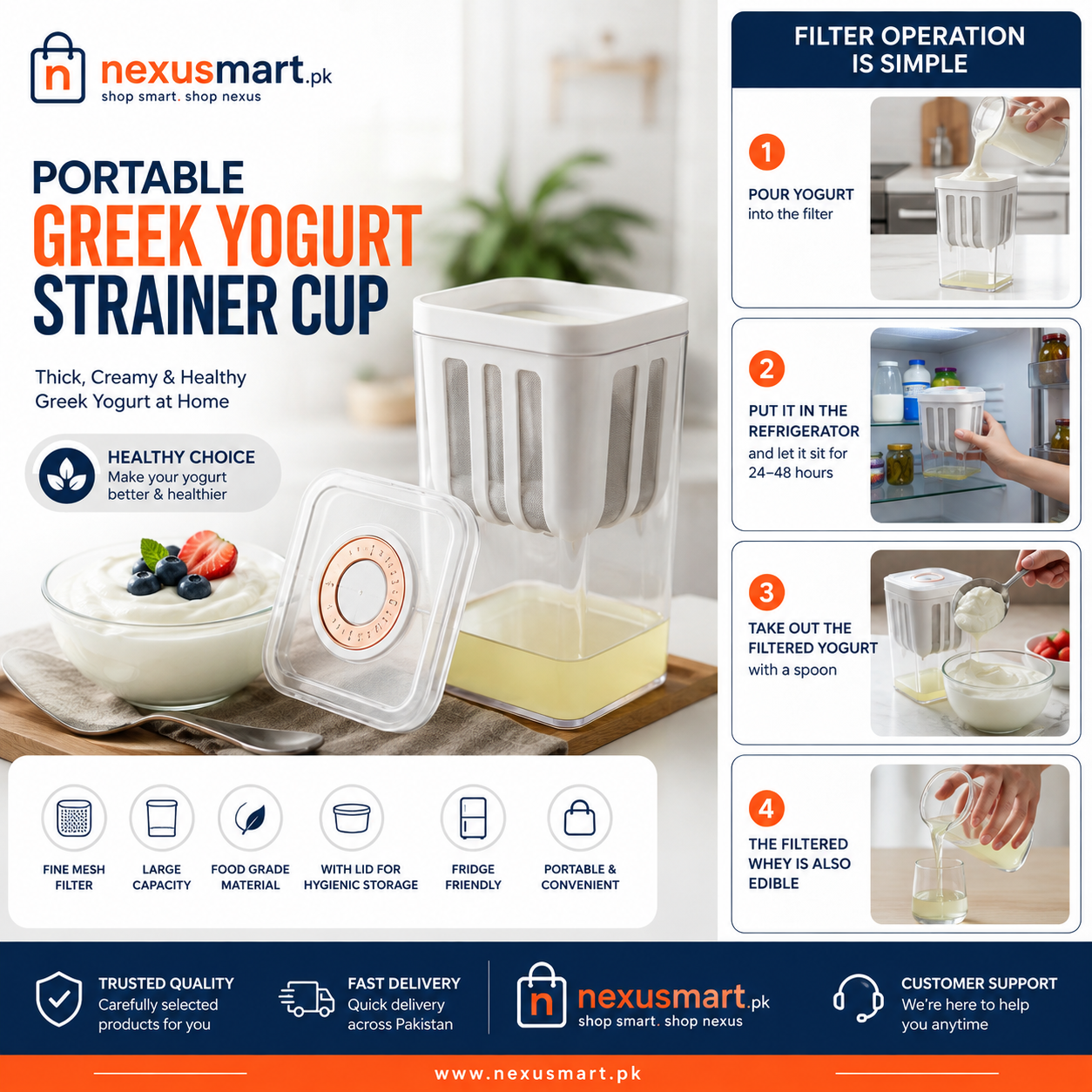 Portable Greek yogurt strainer cup with fine mesh separator and storage lid