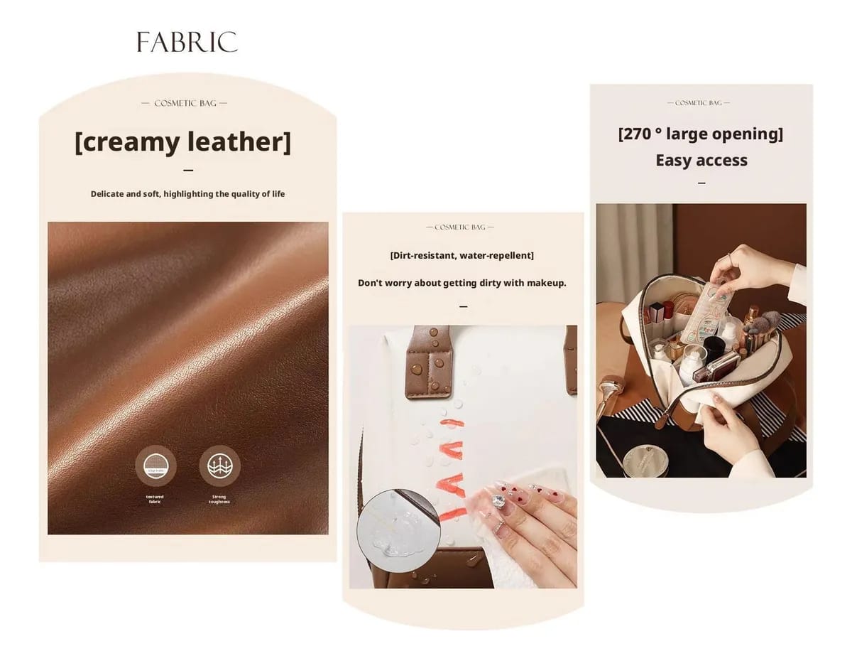Large Leather Travel Makeup Bag with Dividers Lay Flat Opening view 7 - Nexusmart Pakistan