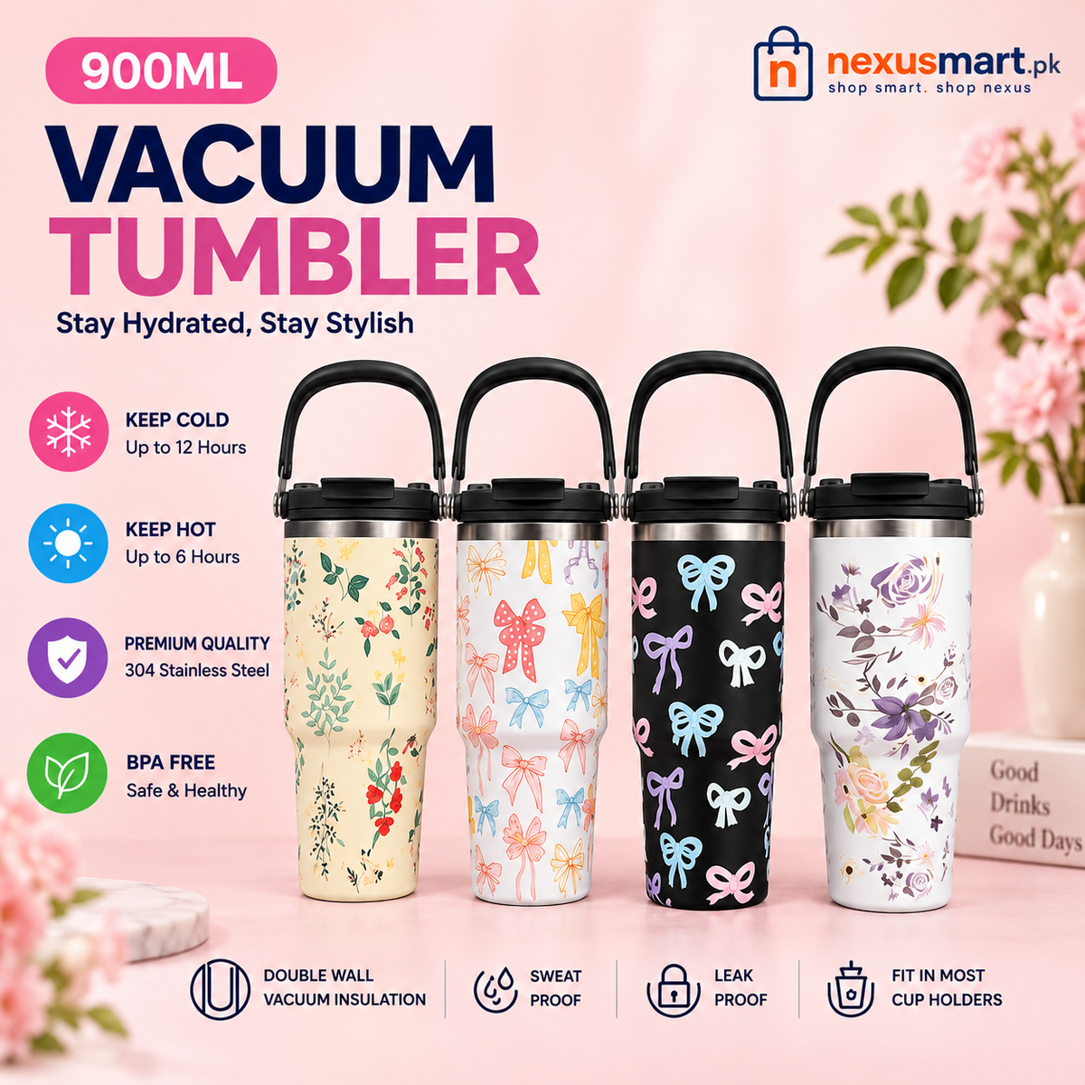 900ml Bow Design Tumbler β Cute Large Capacity Drink Cup