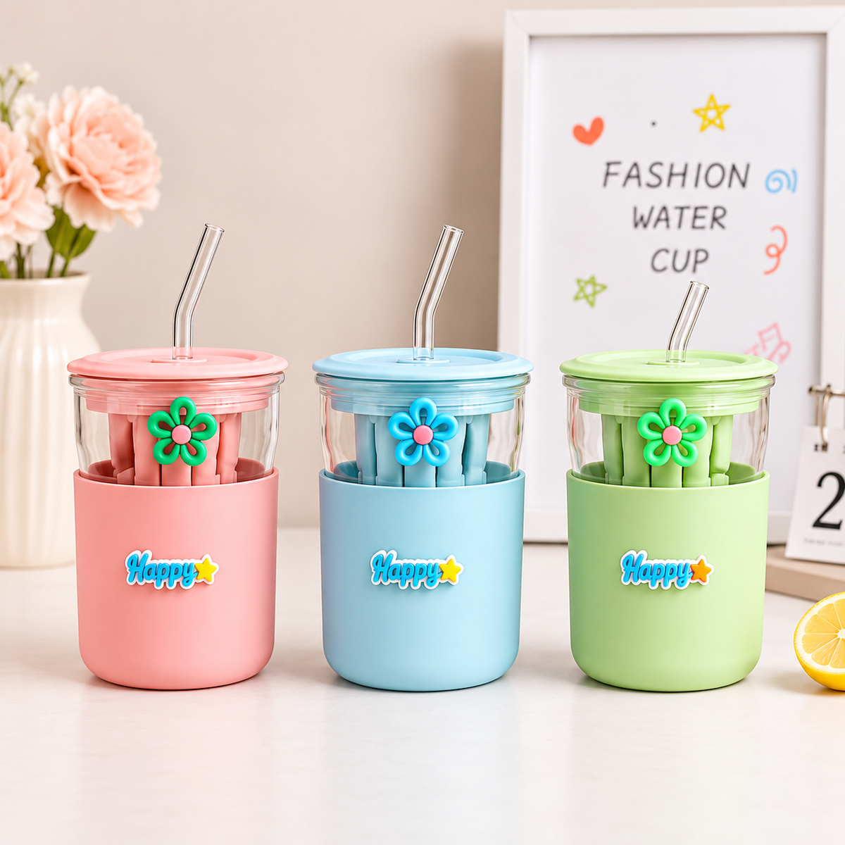 350ml Glass Straw Sipper β Cute Portable Water Bottle with Flip Lid